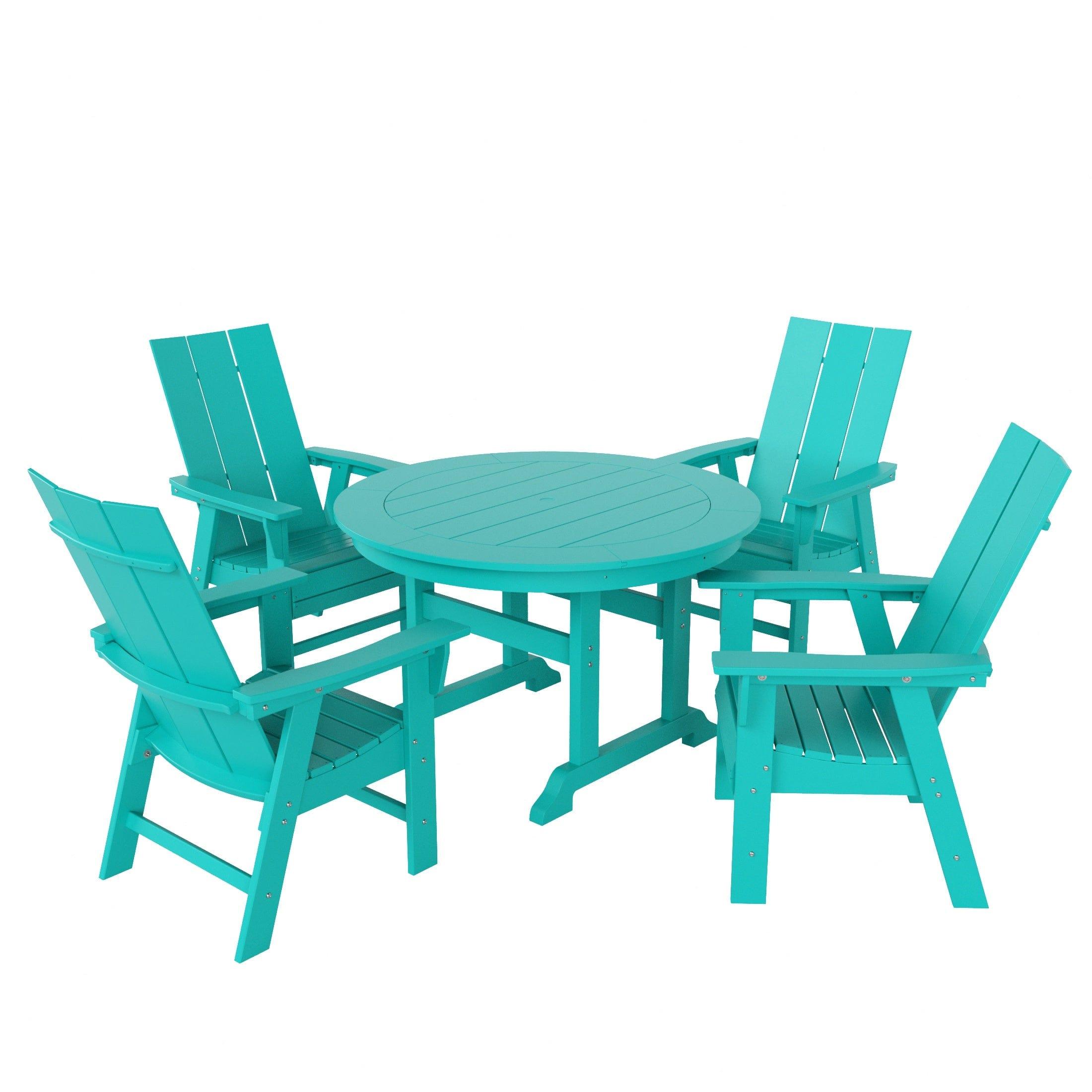 Palms 5 Piece Round Trestle Table Modern Adirondack Chairs Dining Set - Costaelm