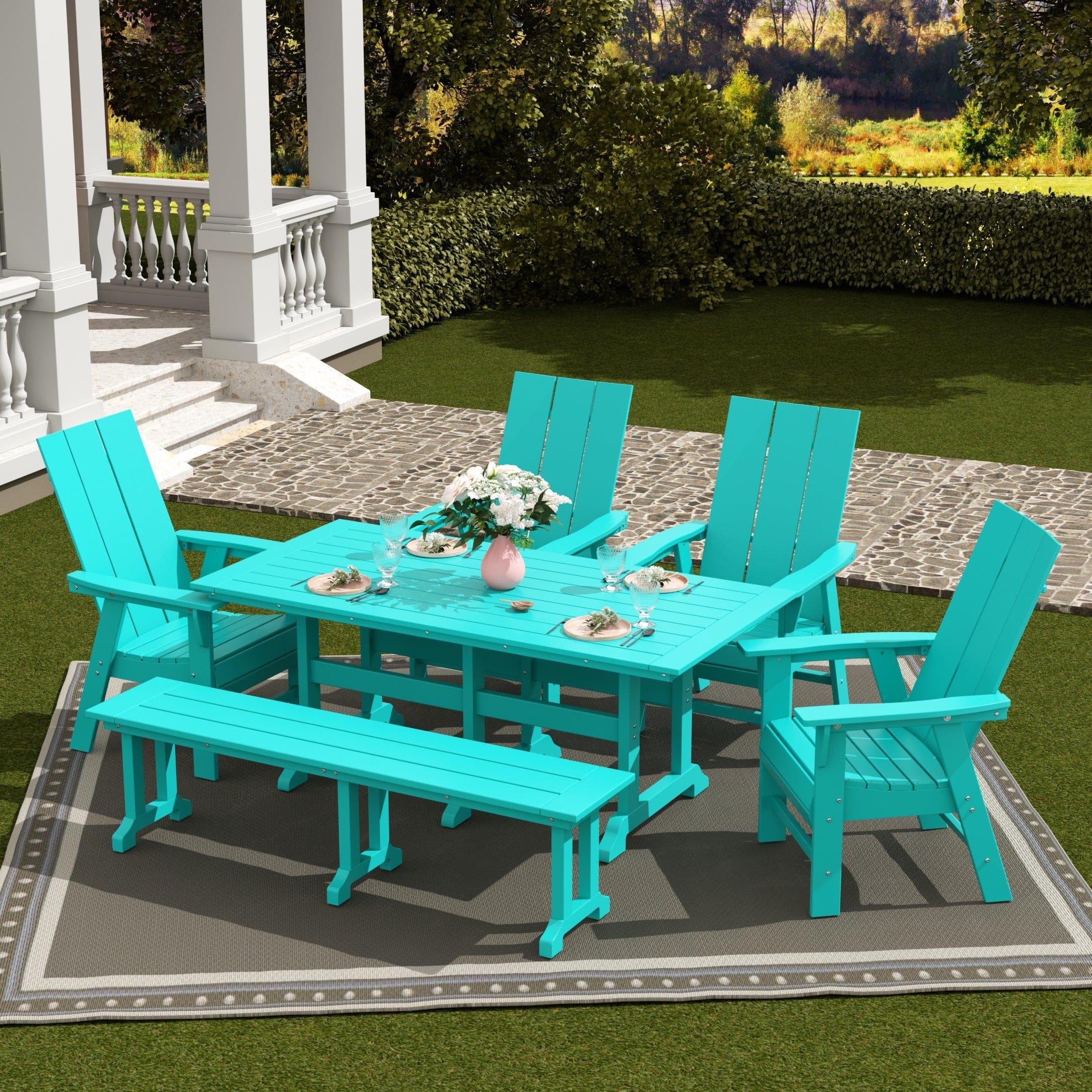 Palms 6 Piece Dining Table Modern Adirondack Chair and Bench Set - Costaelm