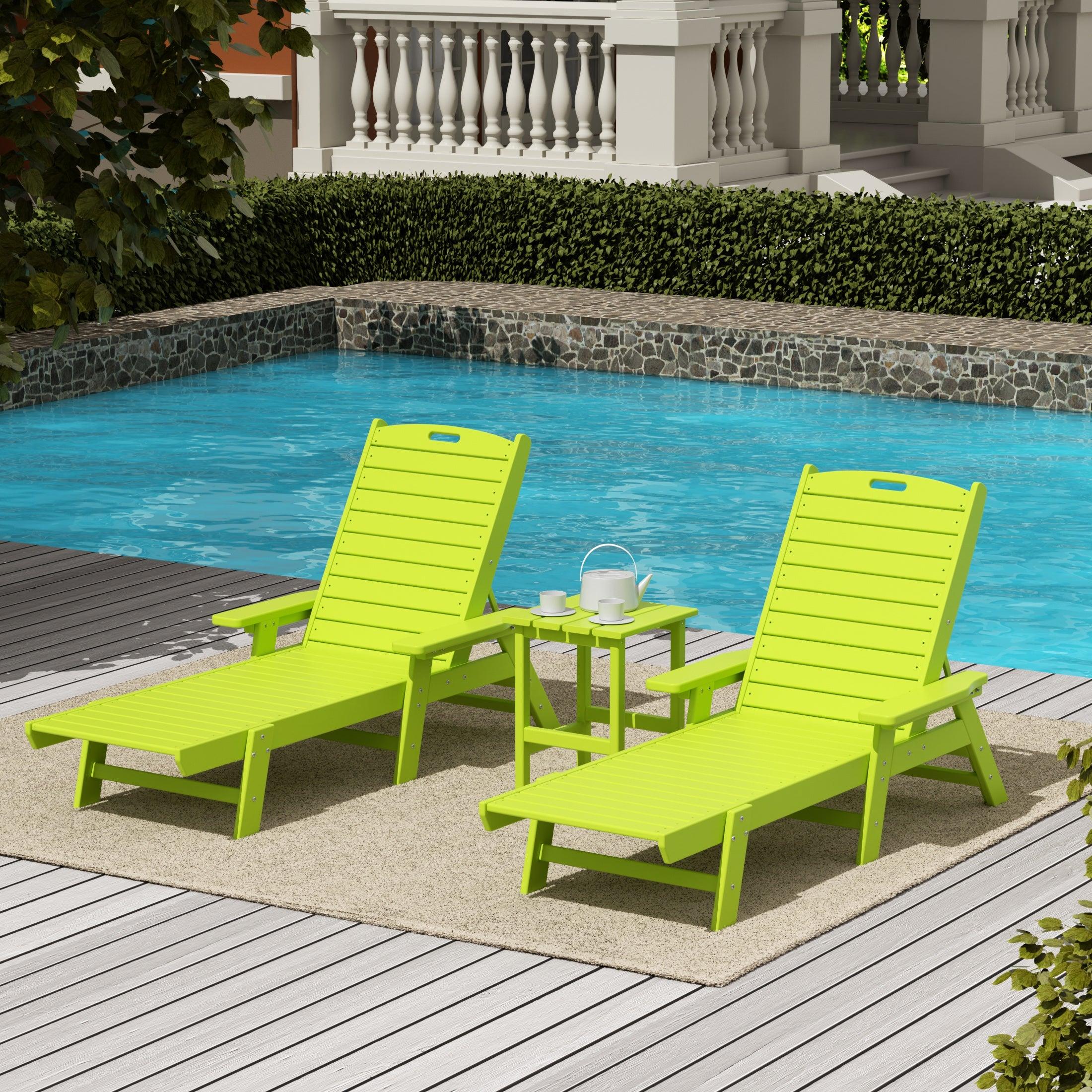 Hampton 3-Piece Set Plastic Outdoor Chaise Lounges with Round Side Table Included - Costaelm