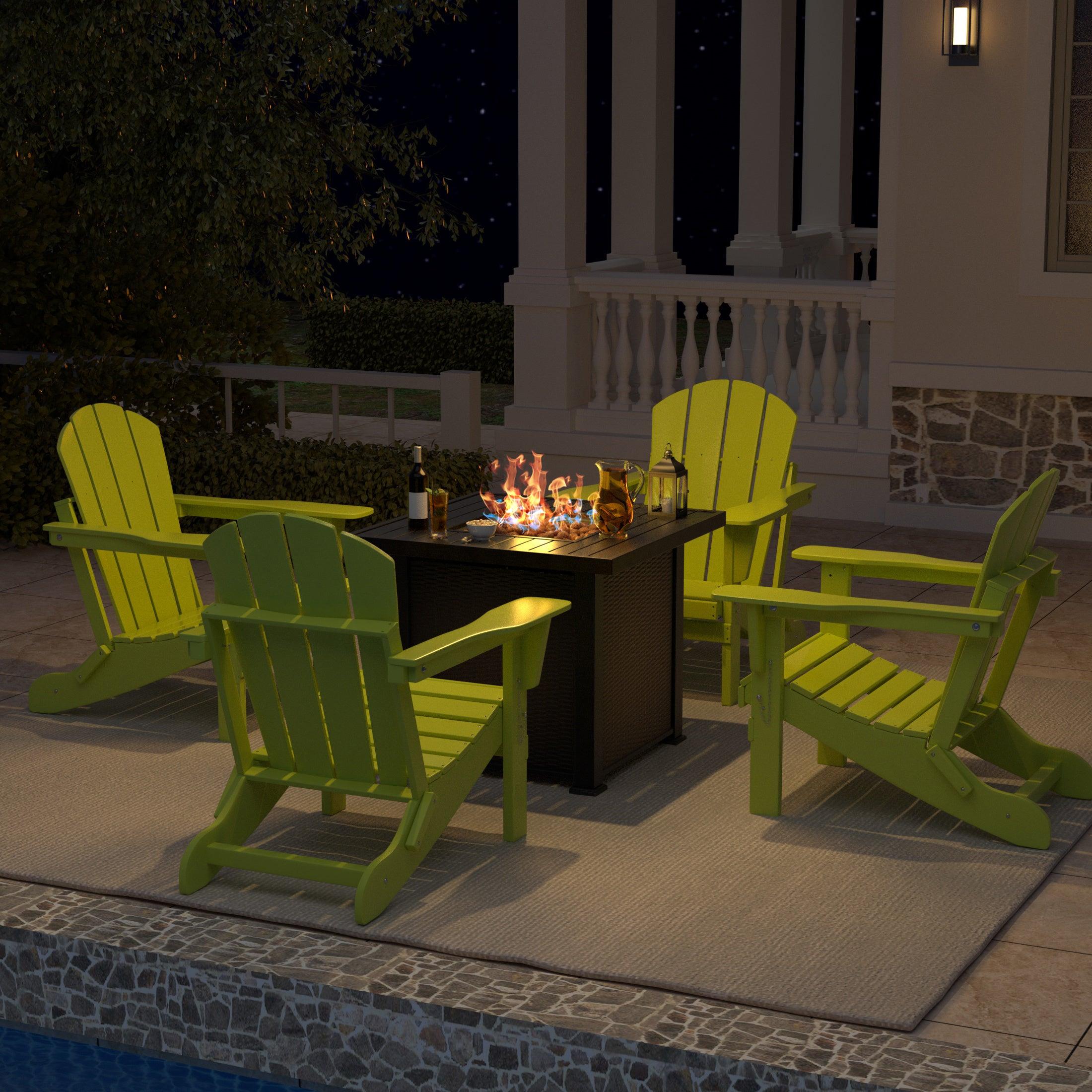 Paradise Outdoor Folding Poly Adirondack Chair With Square Fire Pit Table Sets - Costaelm