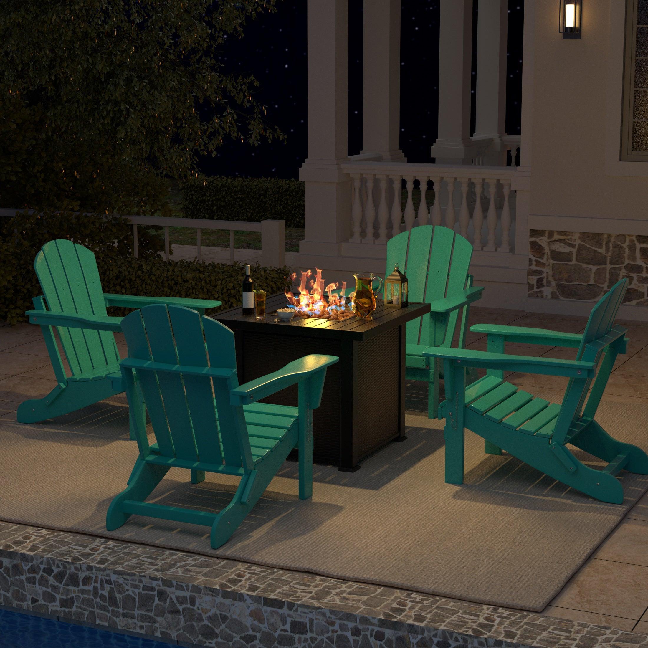 Paradise Outdoor Folding Poly Adirondack Chair With Square Fire Pit Table Sets - Costaelm