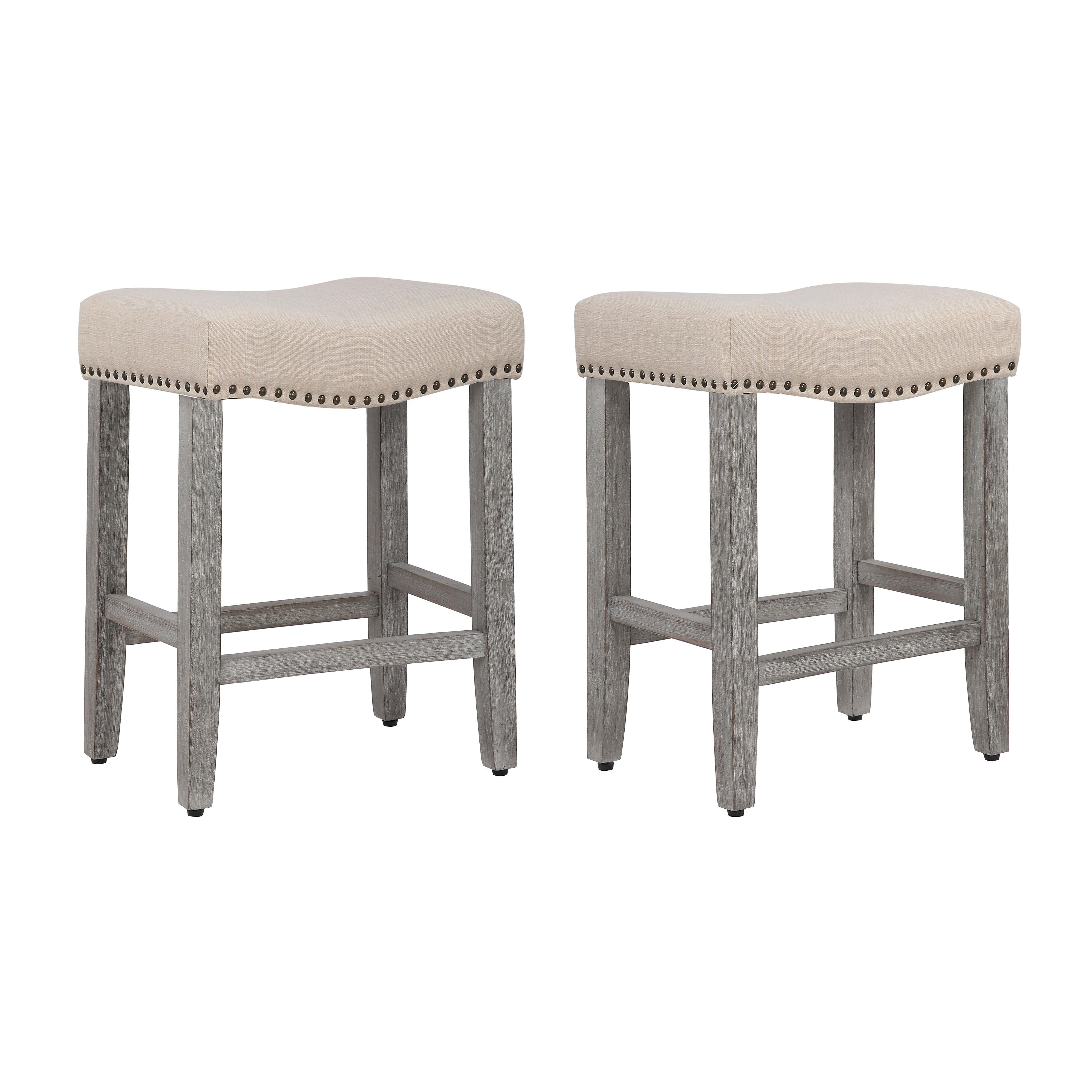 Lindsey 24" Upholstered Saddle Seat Bar Stool (Set of 2), Antique Gray/Beige