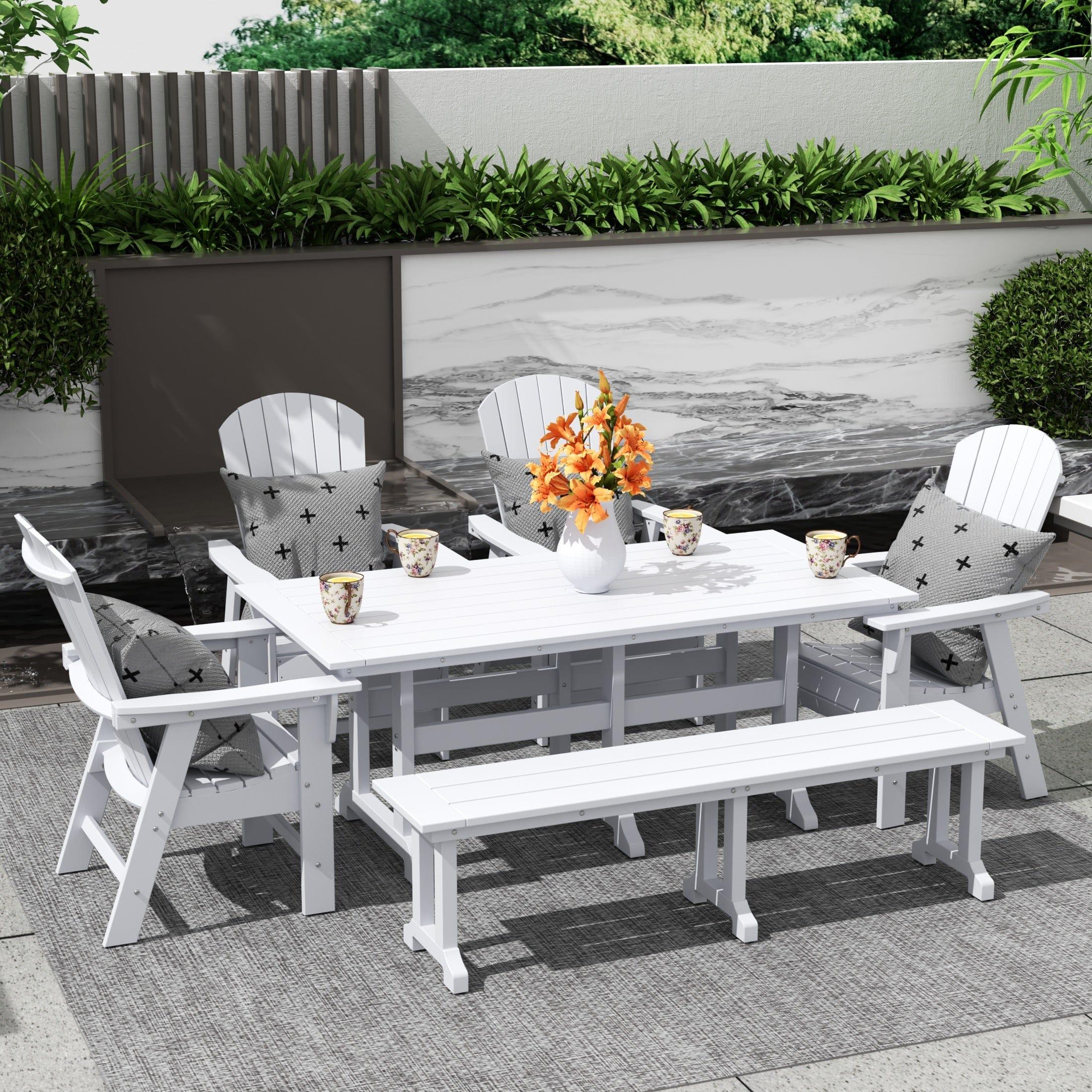 Portside 6 Piece Dining Table Shell Back Adirondack Chair and Bench Set - Costaelm