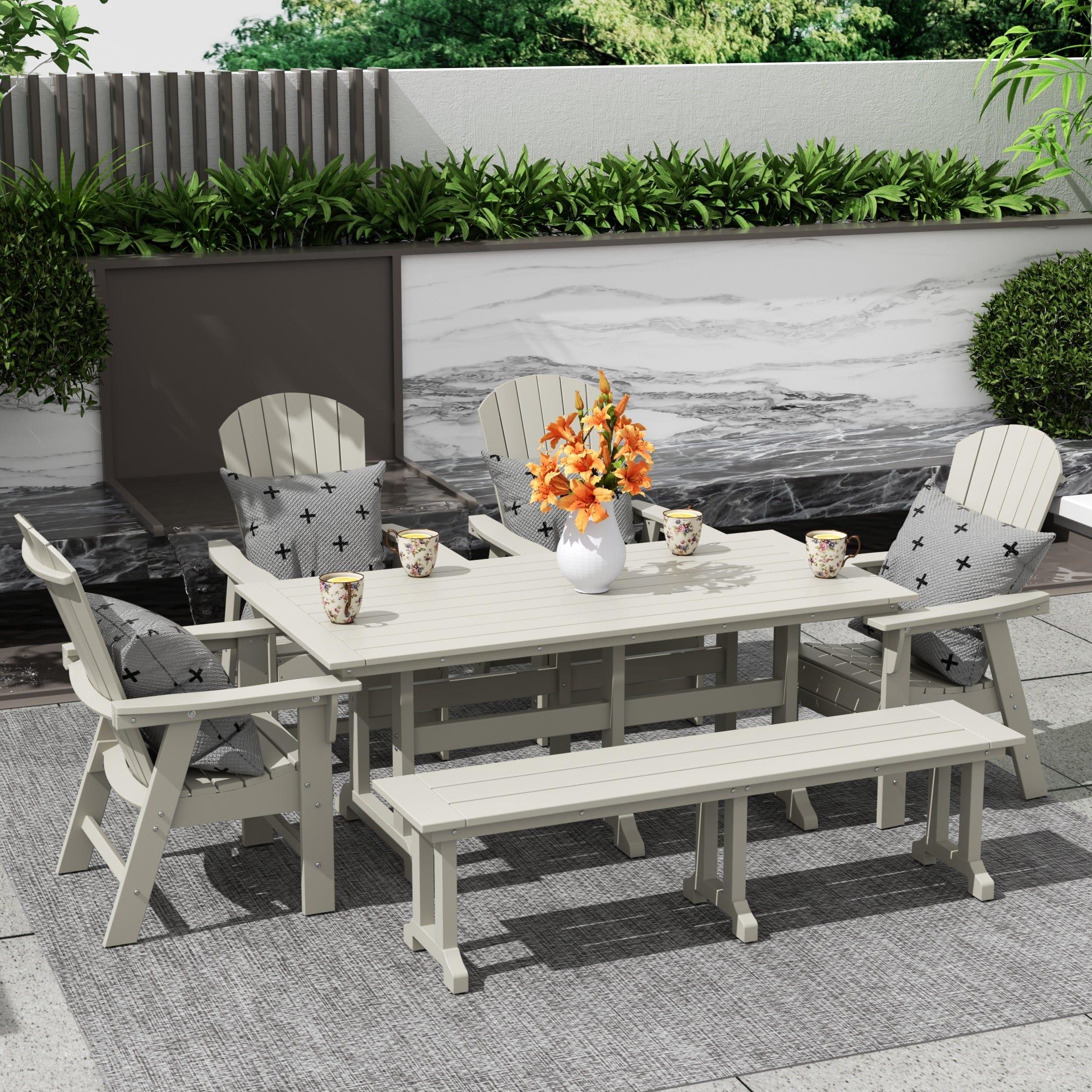 Portside 6 Piece Dining Table Shell Back Adirondack Chair and Bench Set - Costaelm