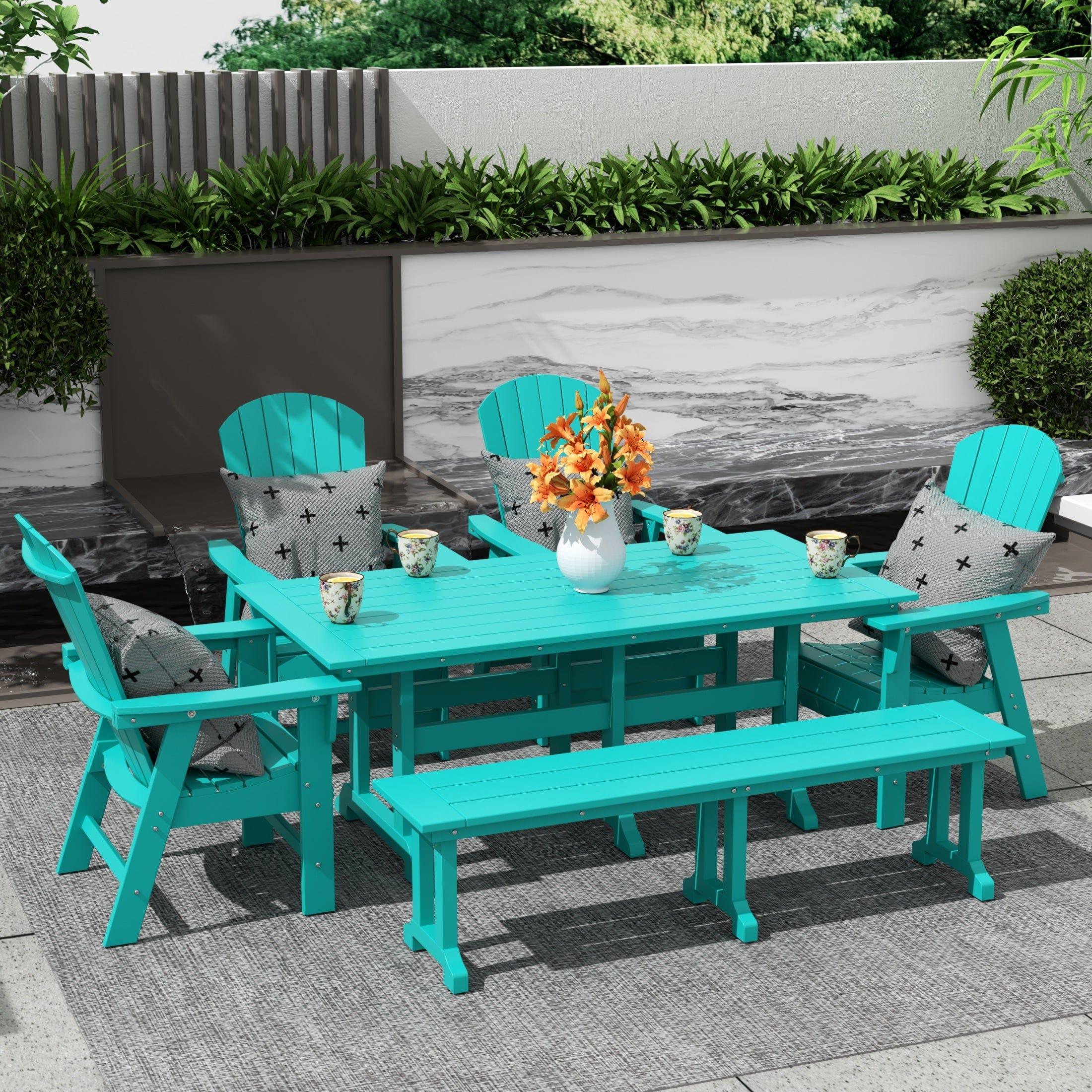 Portside 6 Piece Dining Table Shell Back Adirondack Chair and Bench Set - Costaelm