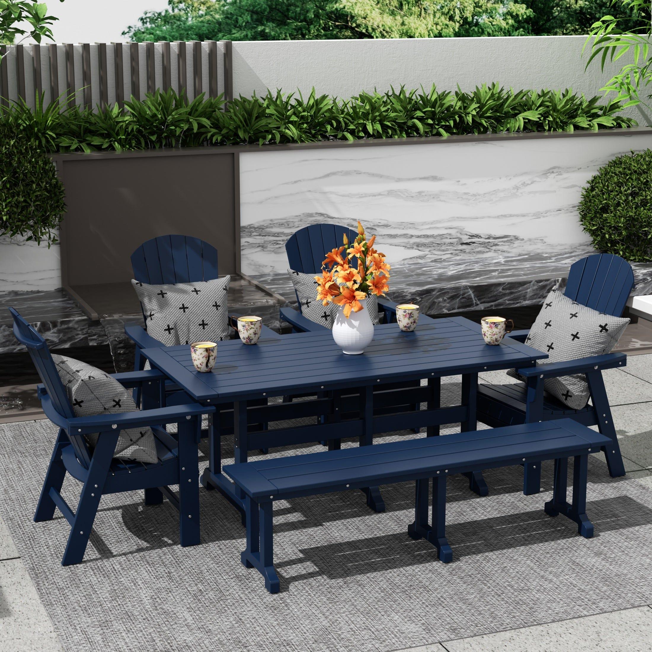 Portside 6 Piece Dining Table Shell Back Adirondack Chair and Bench Set - Costaelm