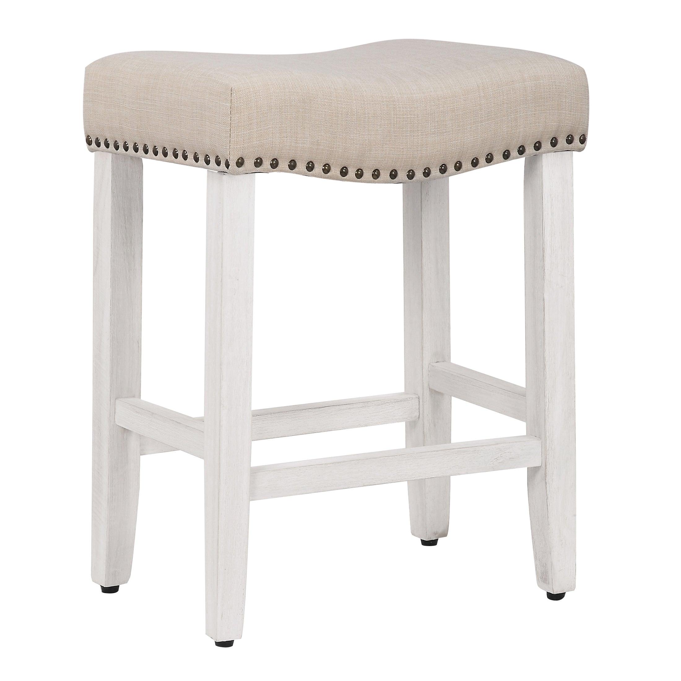 Willow 24" Upholstered Saddle Seat Bar Stool, Antique White/Beige