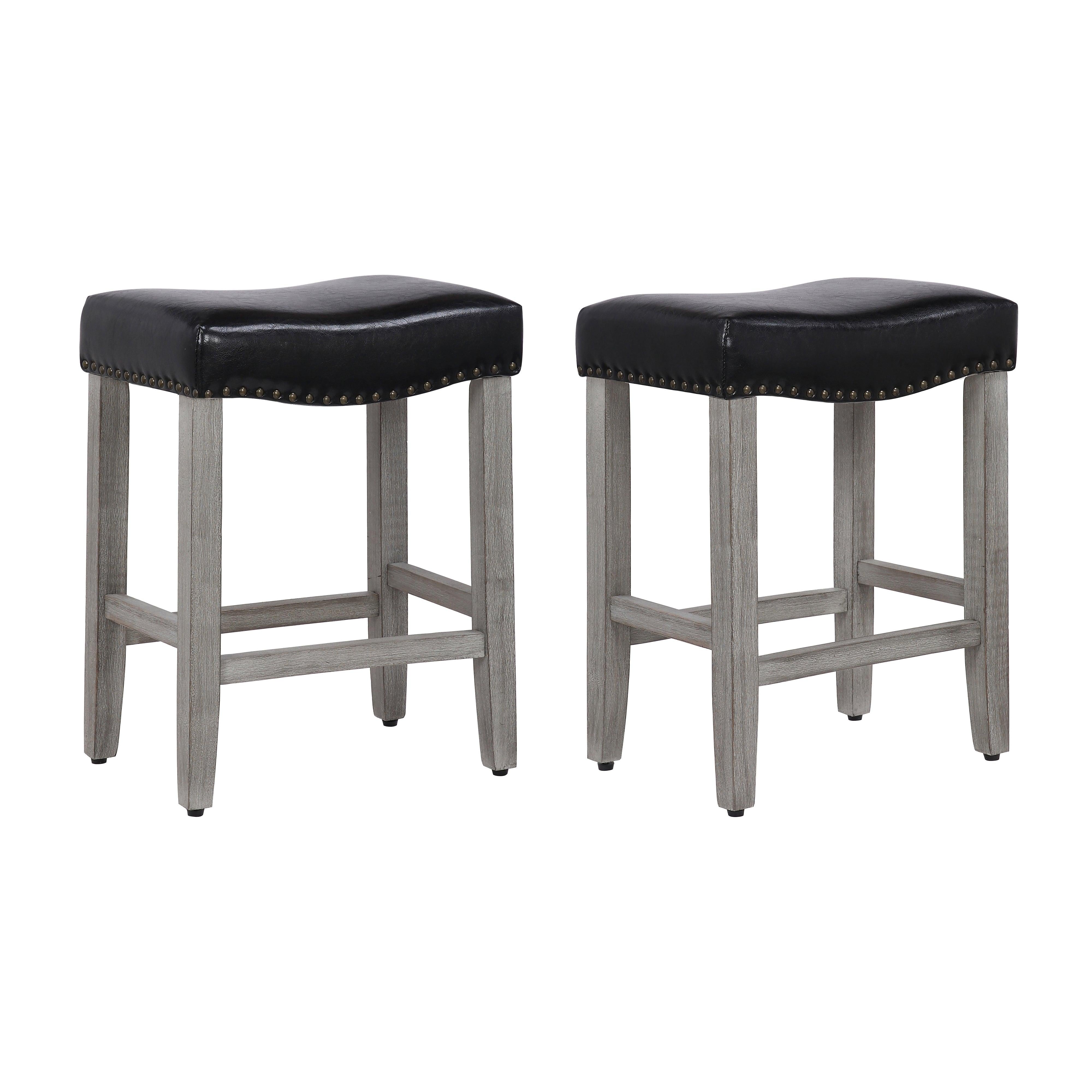 Lindsey 24" Upholstered Saddle Seat Bar Stool (Set of 2), Antique Gray/Leather