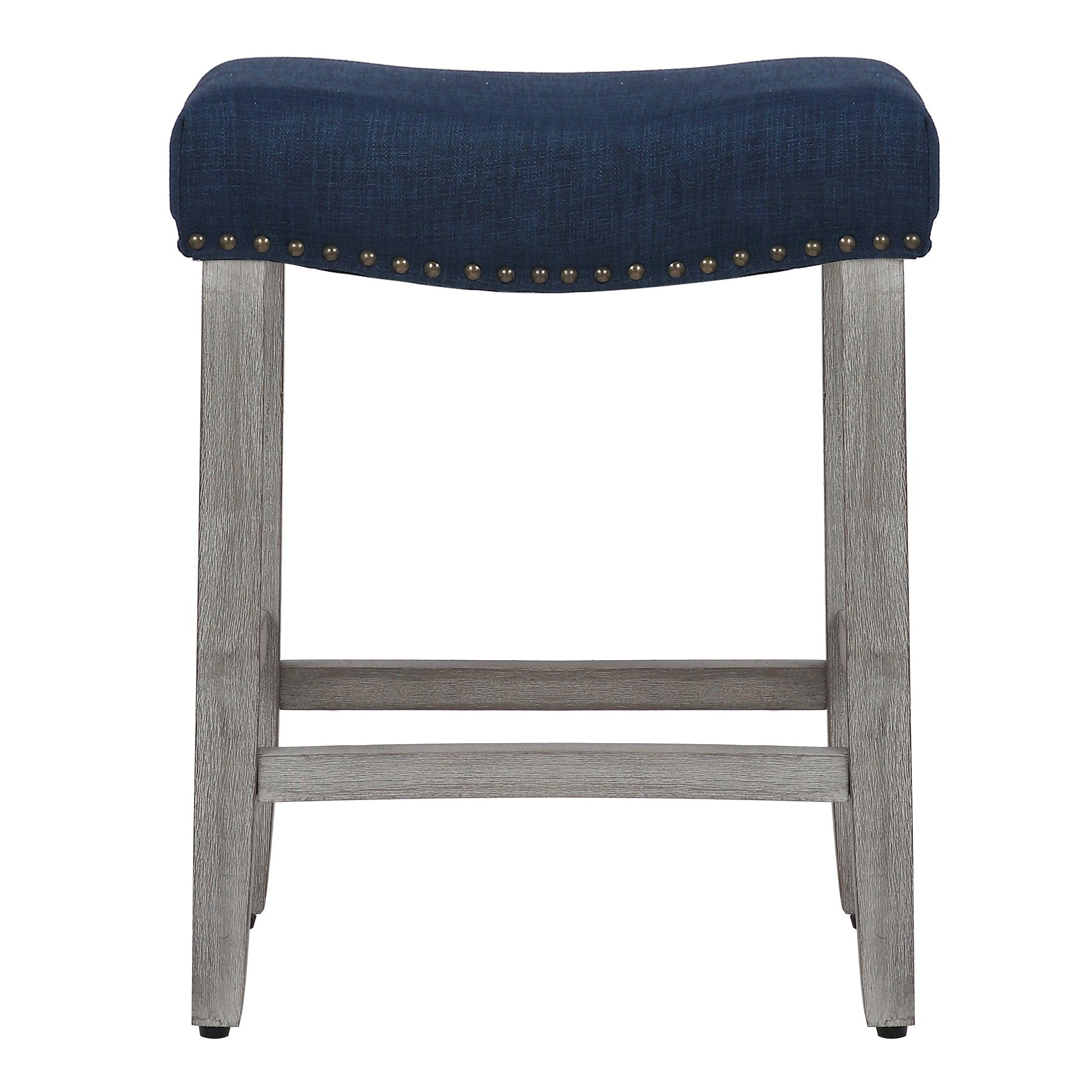 Lindsey 24" Upholstered Saddle Seat Bar Stool (Set of 2), Antique Gray/Navy Blue