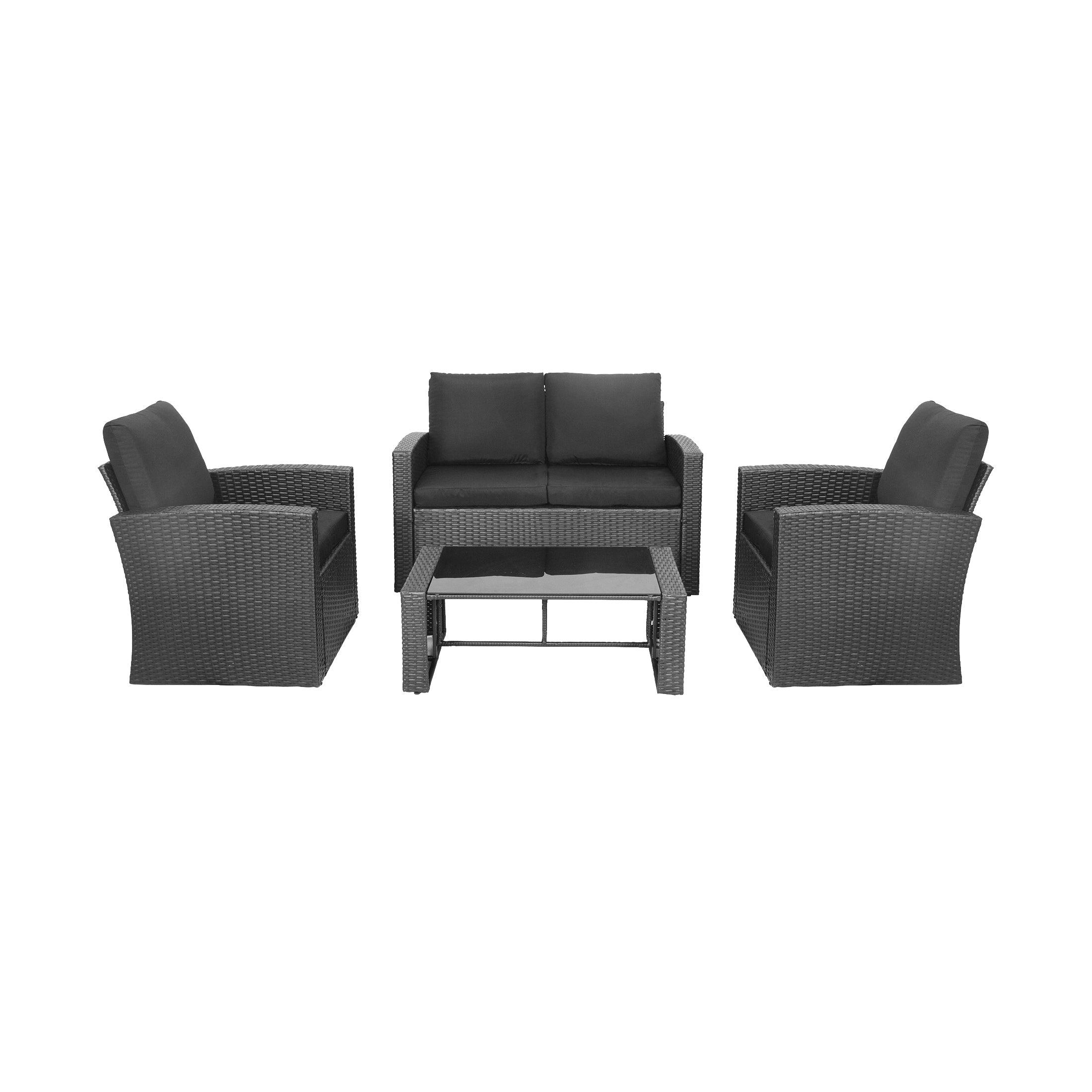 Rivera 4-Piece Outdoor Conversation Sofa Set Black PE Rattan Wicker w/ Black Cushions - Costaelm