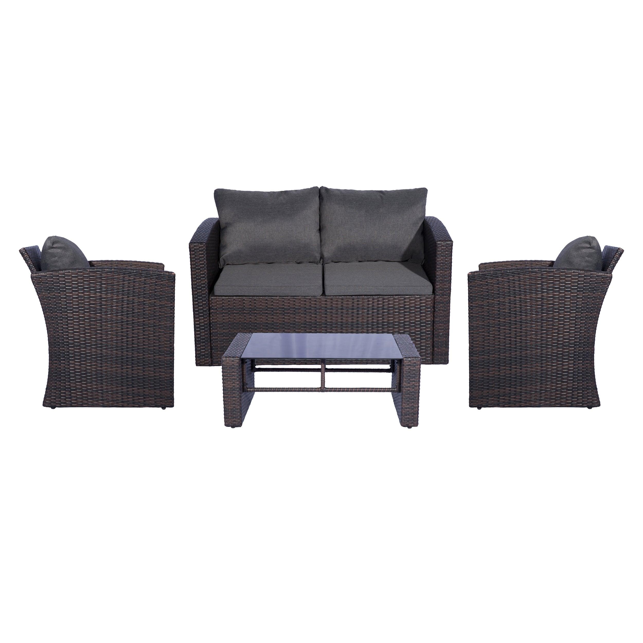 Rivera 4-Piece Outdoor Conversation Sofa Set Brown PE Rattan Wicker w/ Gray Cushions - Costaelm