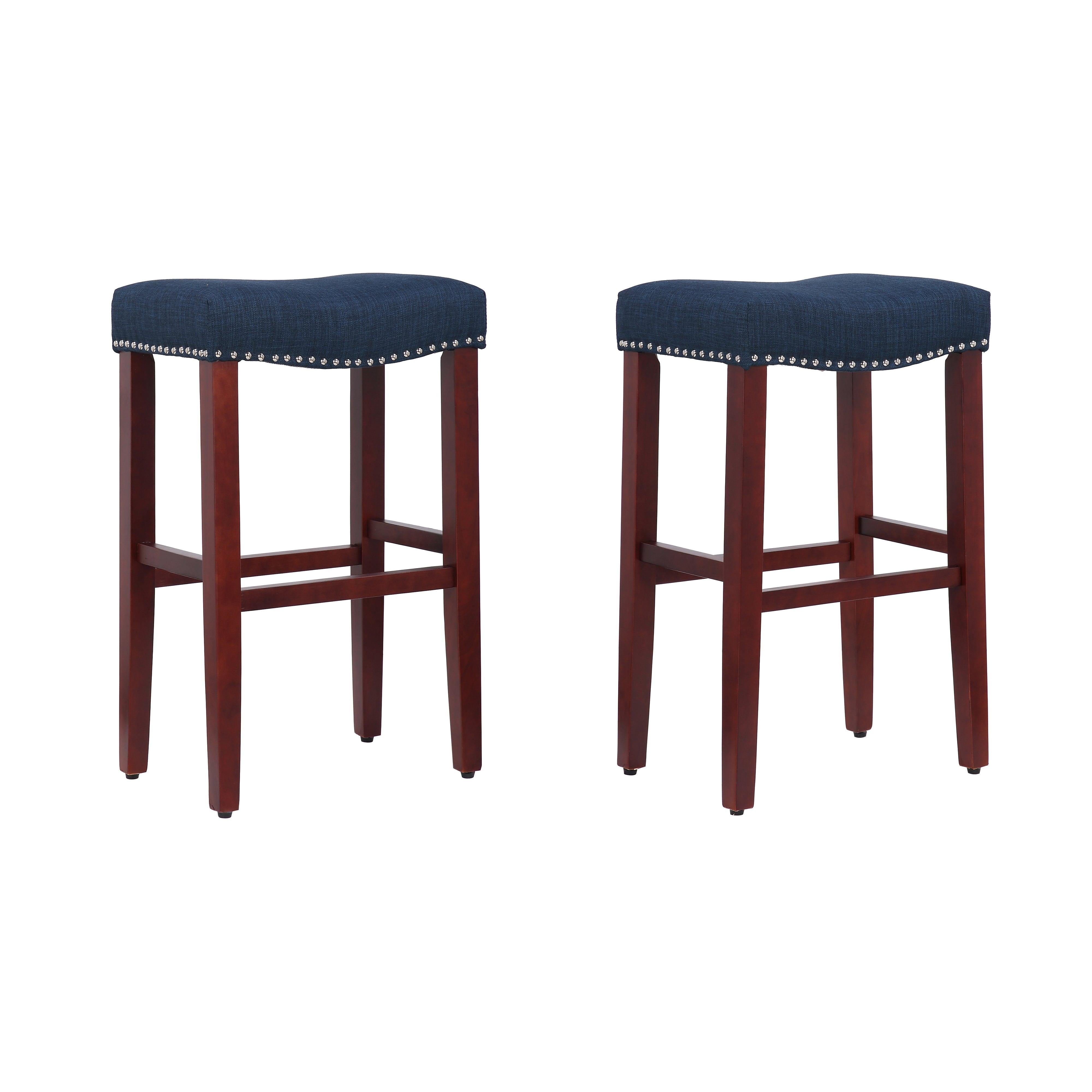 Frankllin 29" Upholstered Saddle Seat Counter Stool (Set of 2), Cherry/Navy Blue