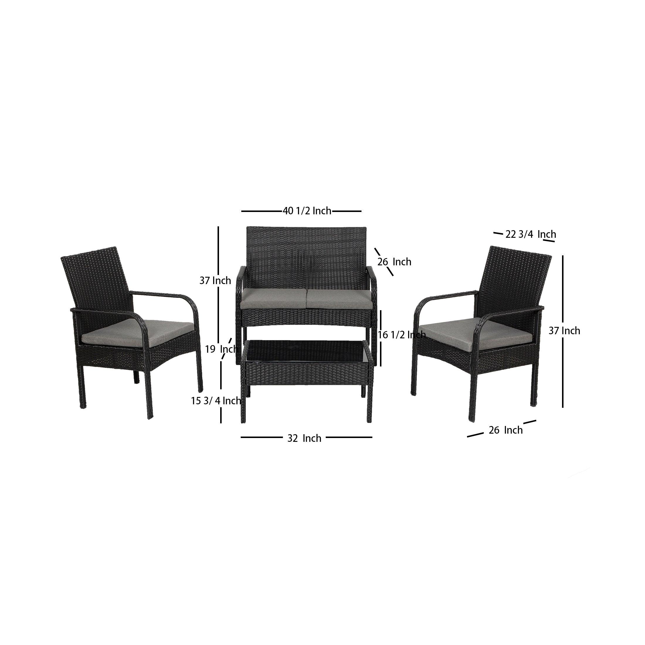 Solano 4-Piece Outdoor Patio Conversation Set Black PE Rattan Wicker w/ Gray Cushions - Costaelm