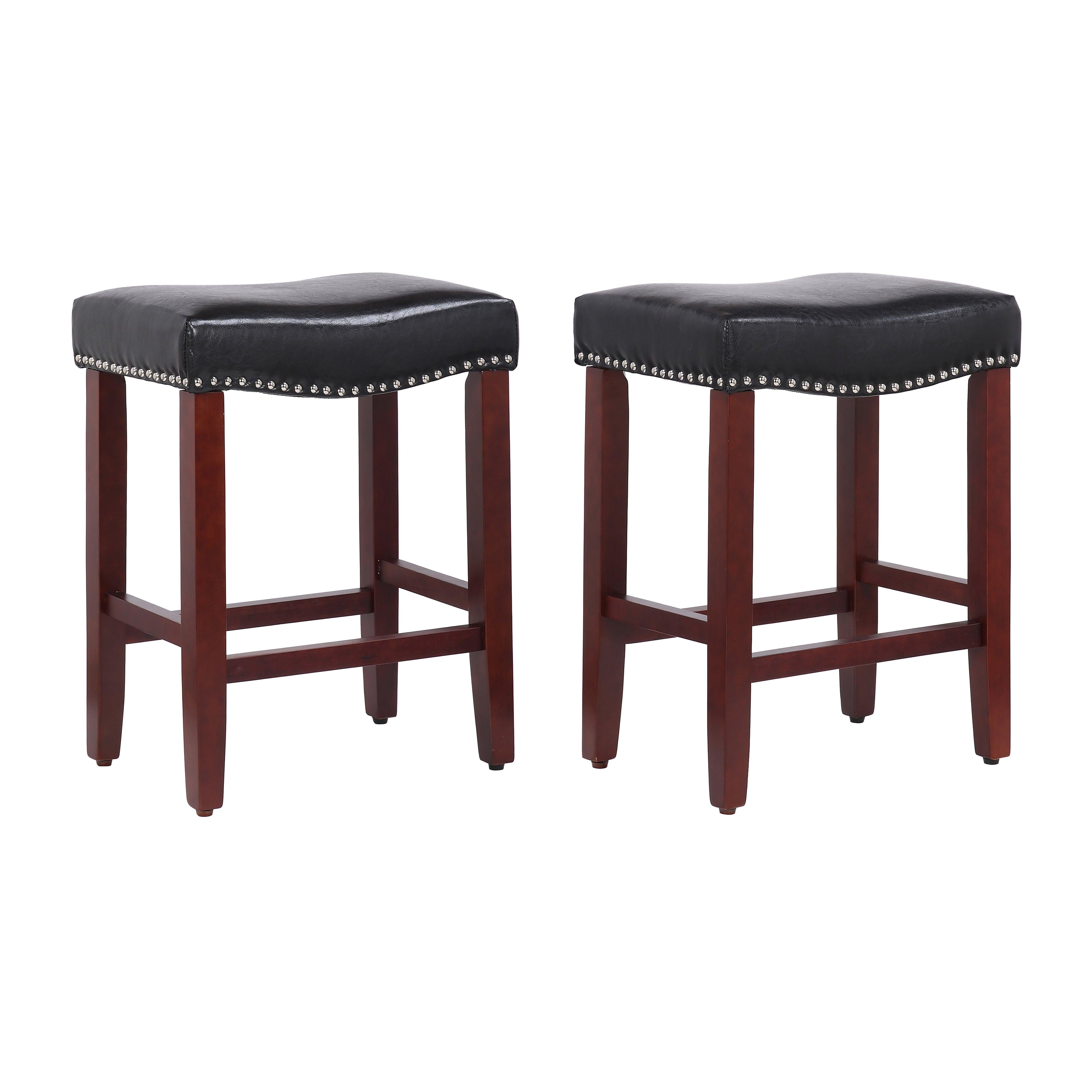 Frankllin 24" Upholstered Saddle Seat Bar Stool (Set of 2), CherryLeather