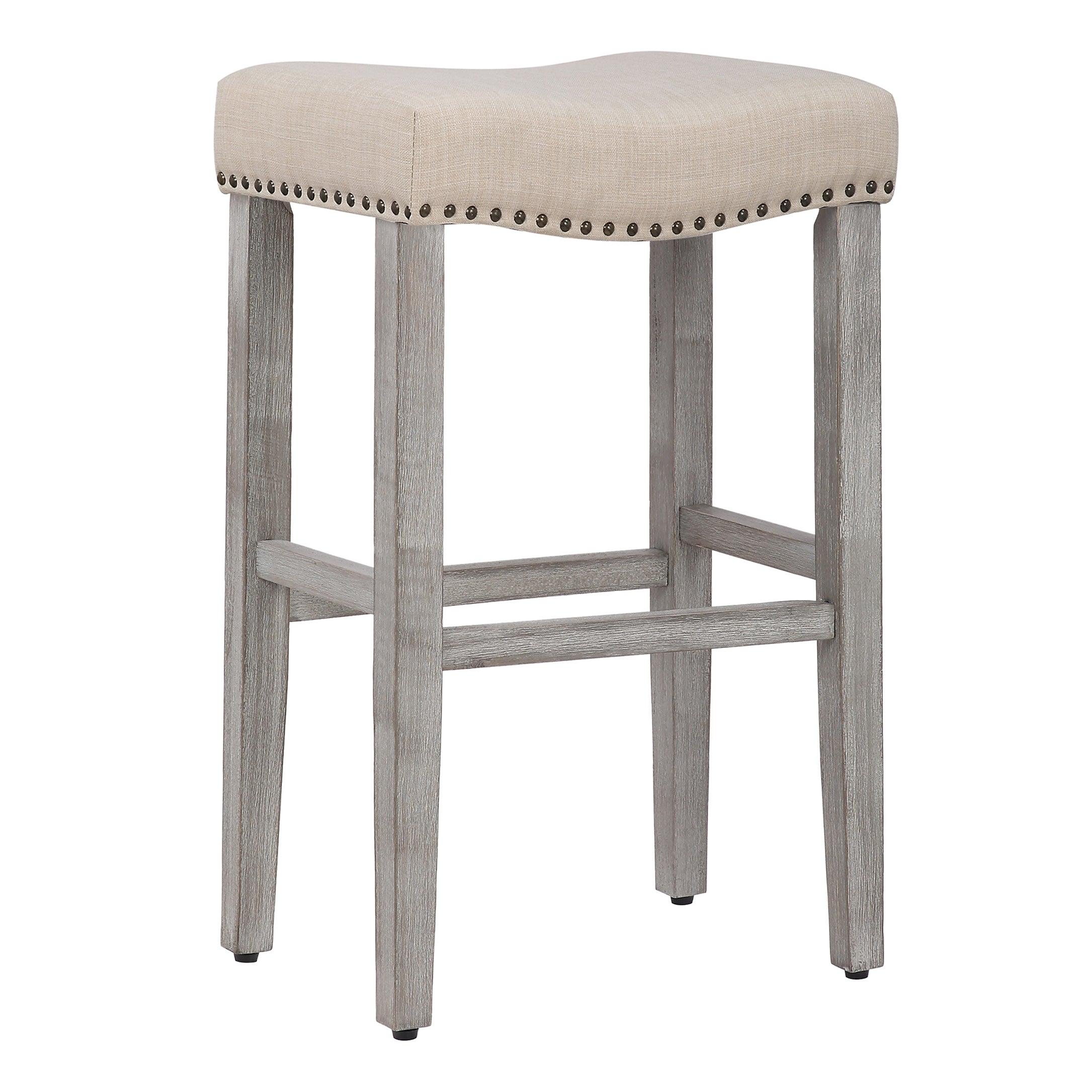 Lindsey 29" Upholstered Saddle Seat Bar Stool (Set of 2), Antique Gray/Beige