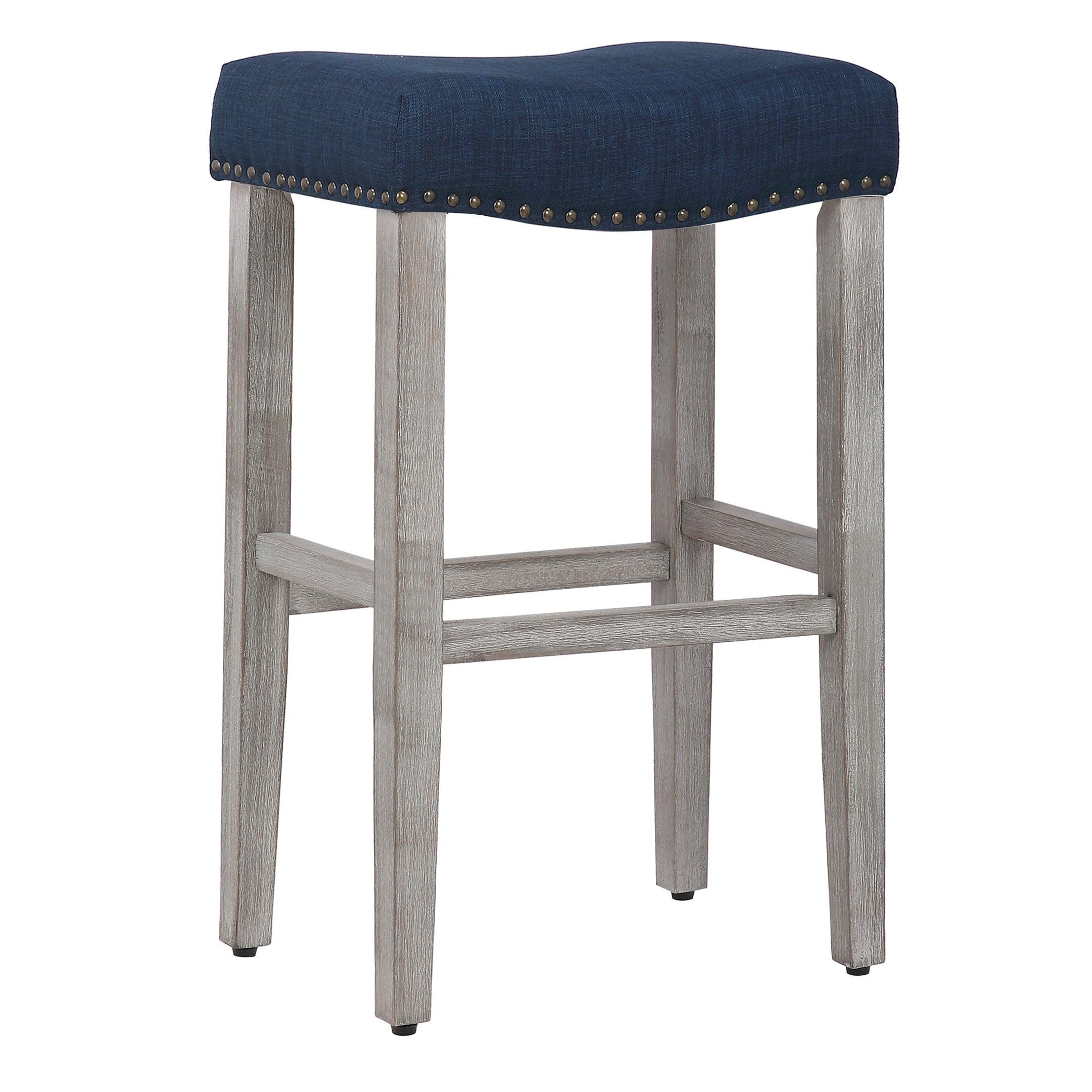 Lindsey 29" Upholstered Saddle Seat Bar Stool (Set of 2), Antique Gray/Navy Blue