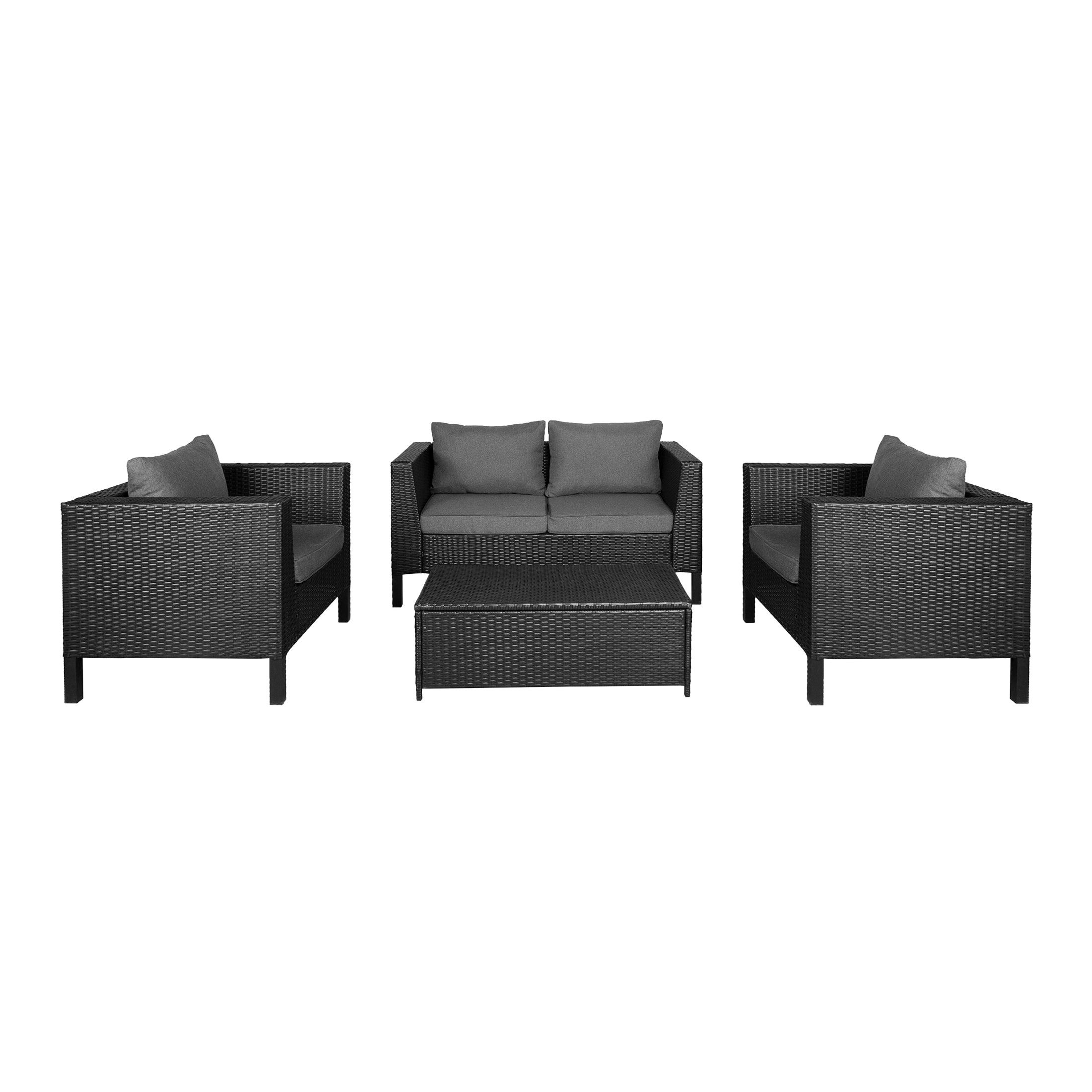 Vara 4-Piece Conversation Set Black PE Rattan Wicker with Gray Cushion - Costaelm