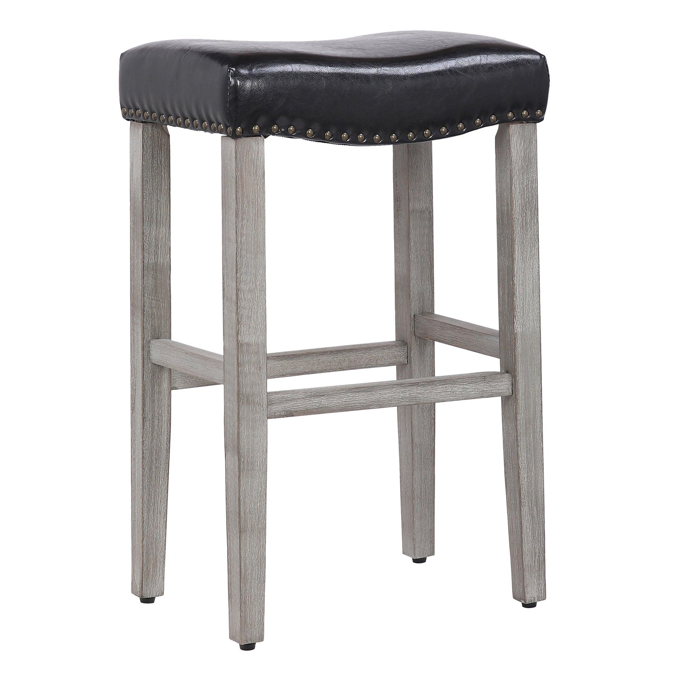 Lindsey 29" Upholstered Saddle Seat Bar Stool (Set of 2), Antique Gray/Leather