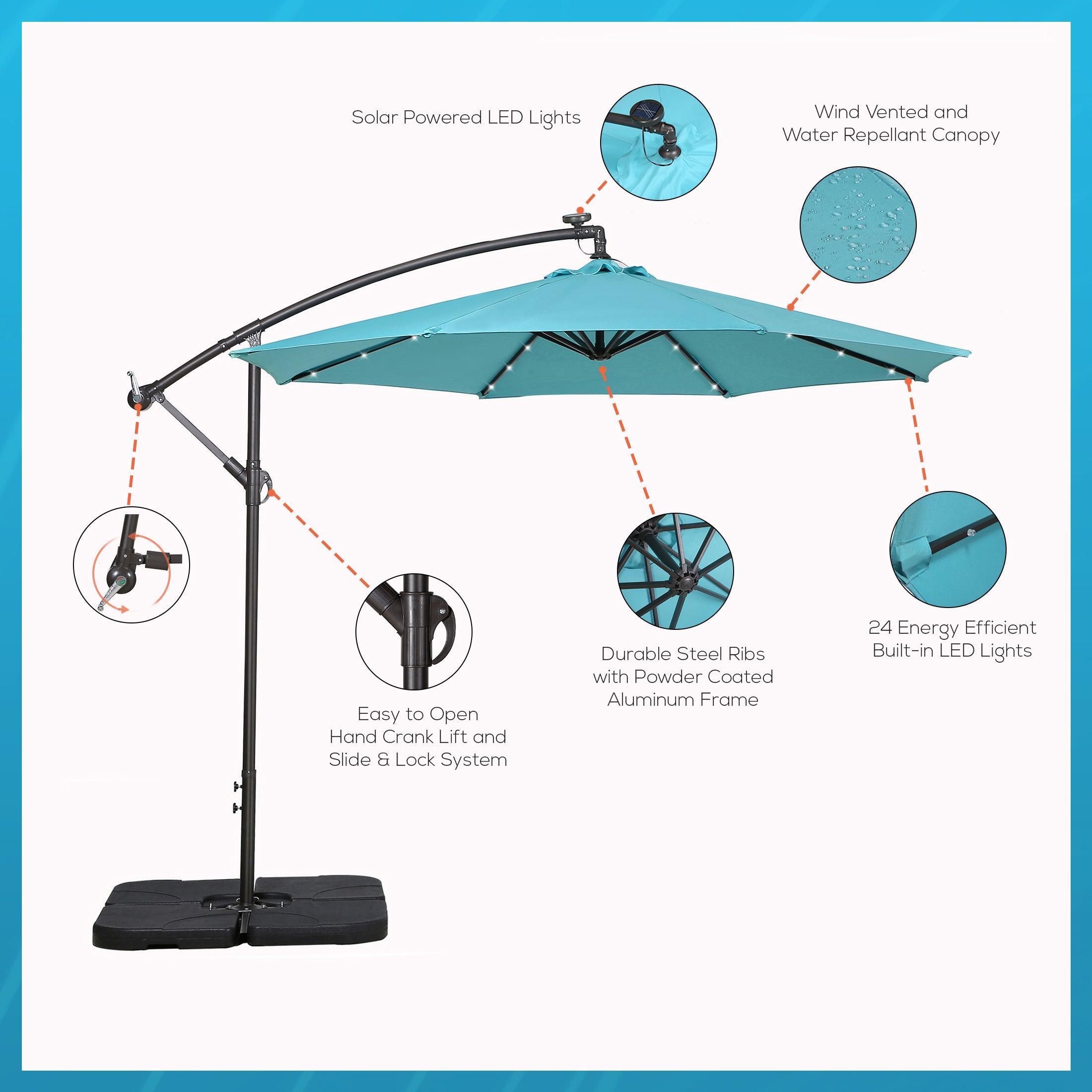 Westlake 10 Ft Solar LED Cantilever Offset Patio Umbrella with 4-Piece Base Weights Included - Costaelm