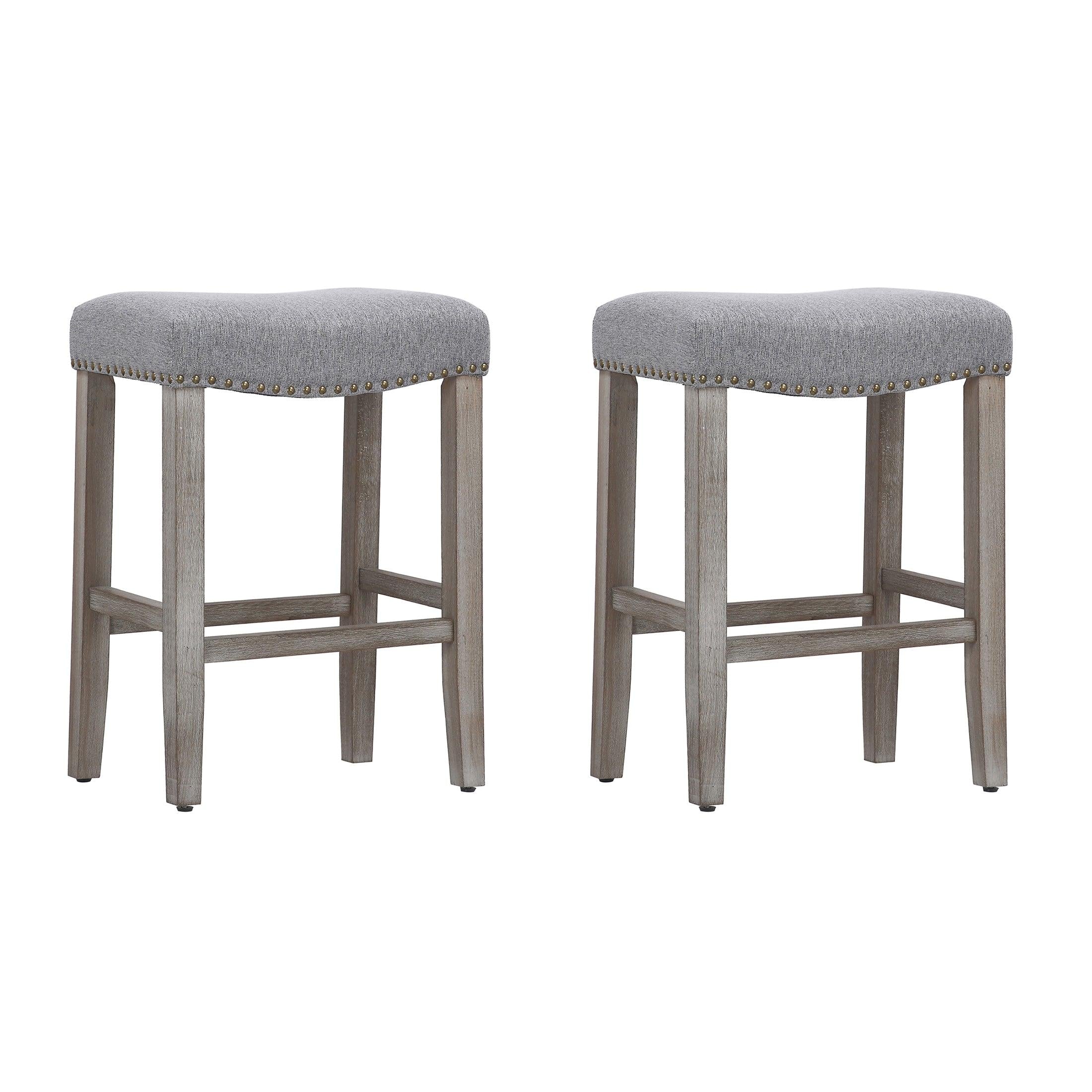 Lindsey 24" Upholstered Saddle Seat Bar Stool (Set of 2), Antique Gray/Gray