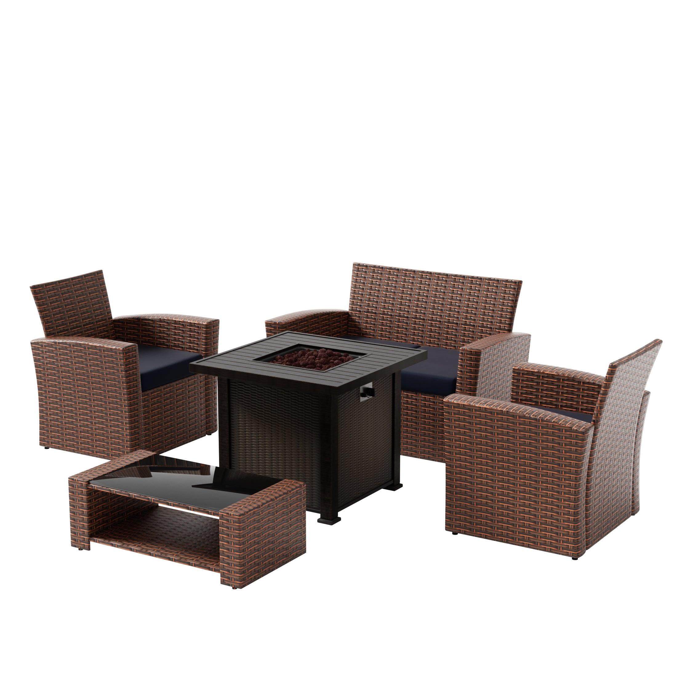 Wynston 4-Piece Conversation Outdoor Patio Sofa Set with Square Fire Pit Table Brown - Costaelm