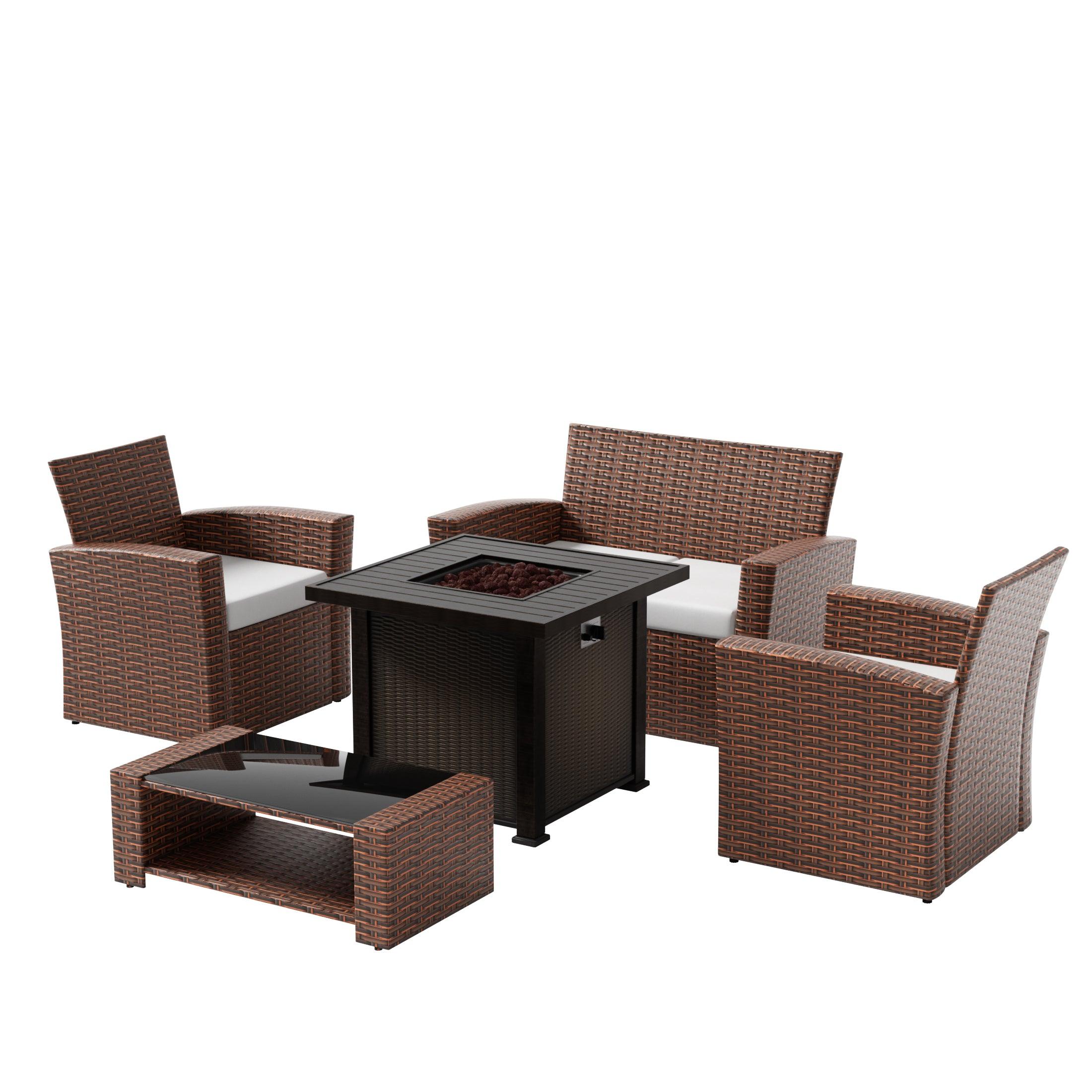 Wynston 4-Piece Conversation Outdoor Patio Sofa Set with Square Fire Pit Table Brown - Costaelm