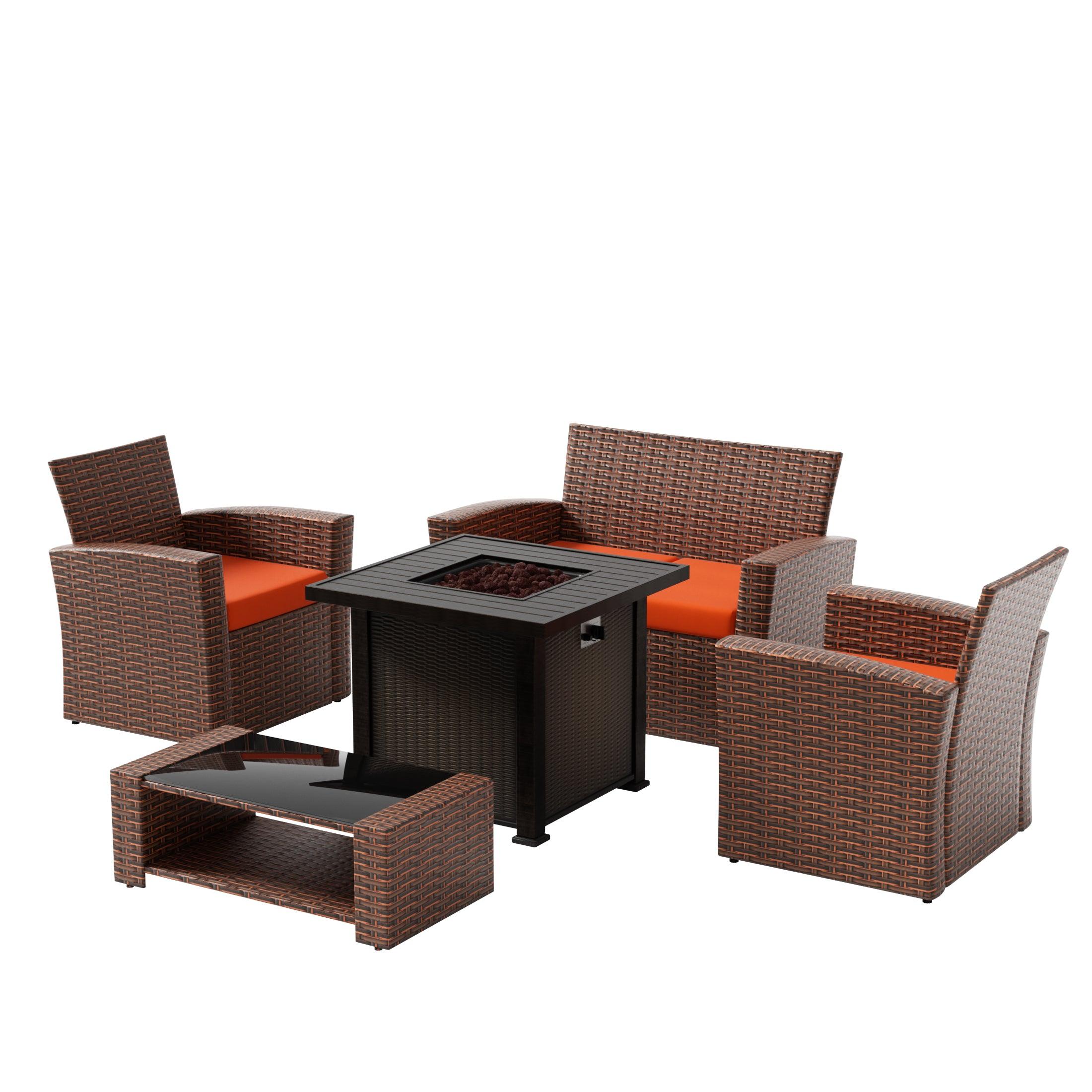 Wynston 4-Piece Conversation Outdoor Patio Sofa Set with Square Fire Pit Table Brown - Costaelm