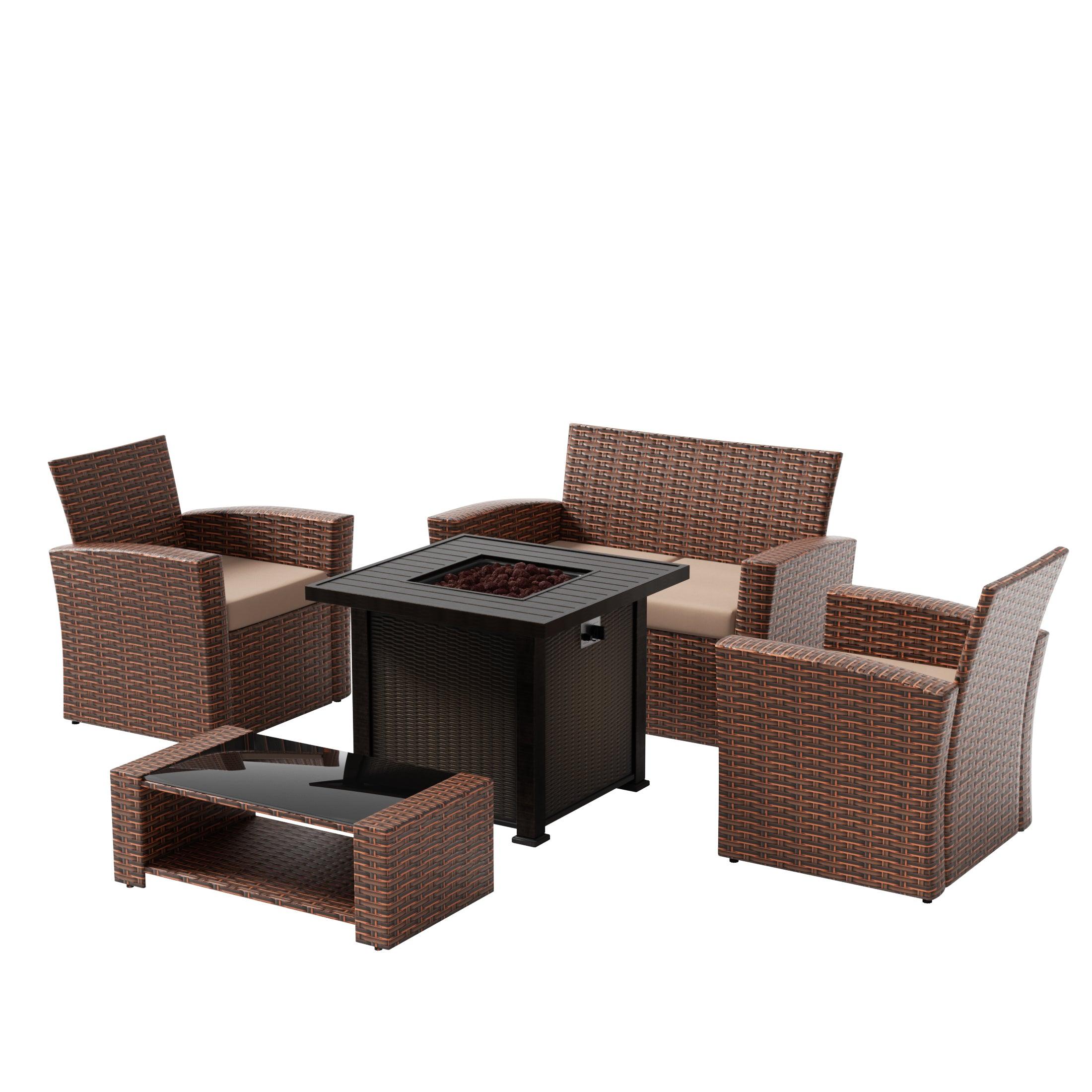 Wynston 4-Piece Conversation Outdoor Patio Sofa Set with Square Fire Pit Table Brown - Costaelm