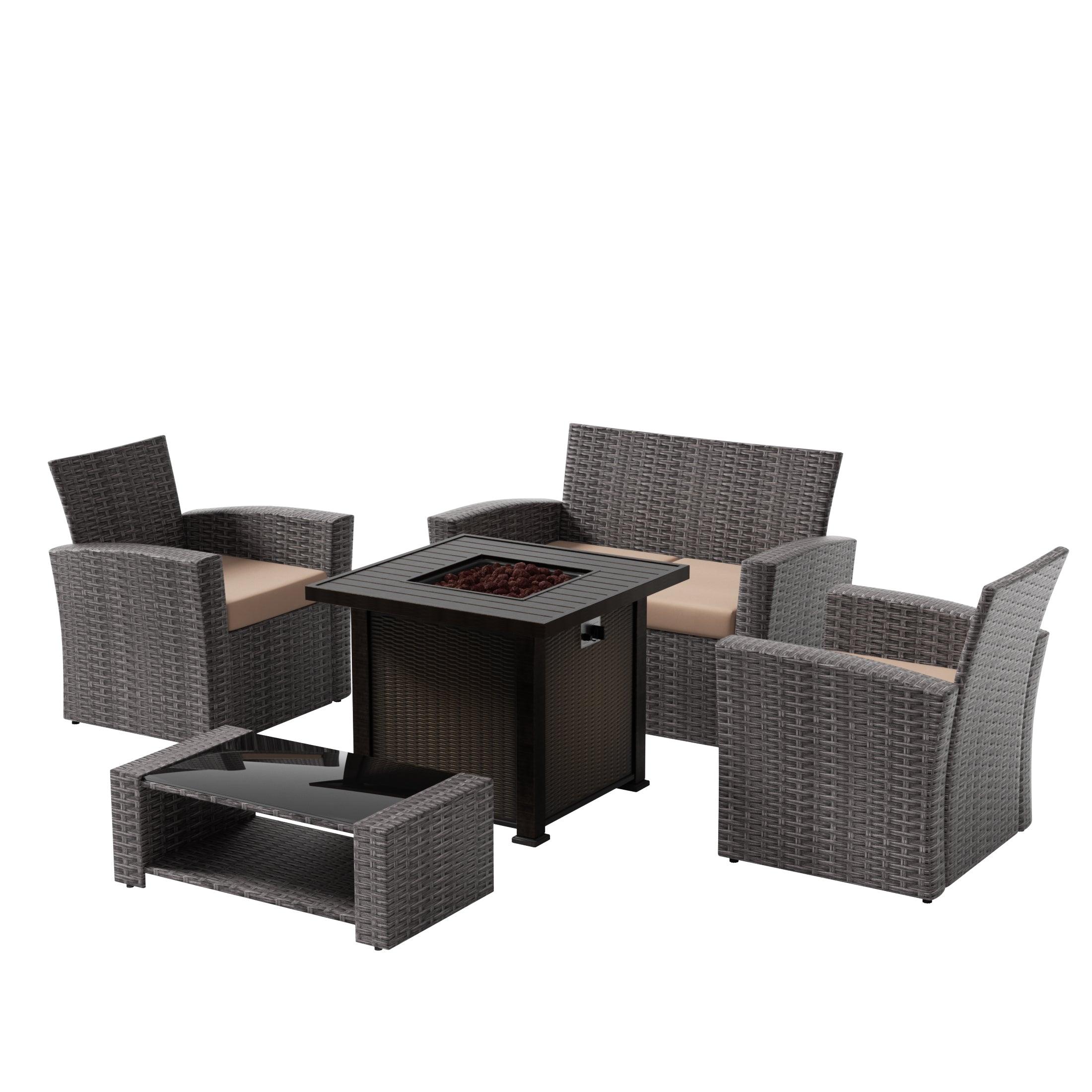 Wynston 4-Piece Conversation Outdoor Patio Sofa Set with Square Fire Pit Table Grey - Costaelm