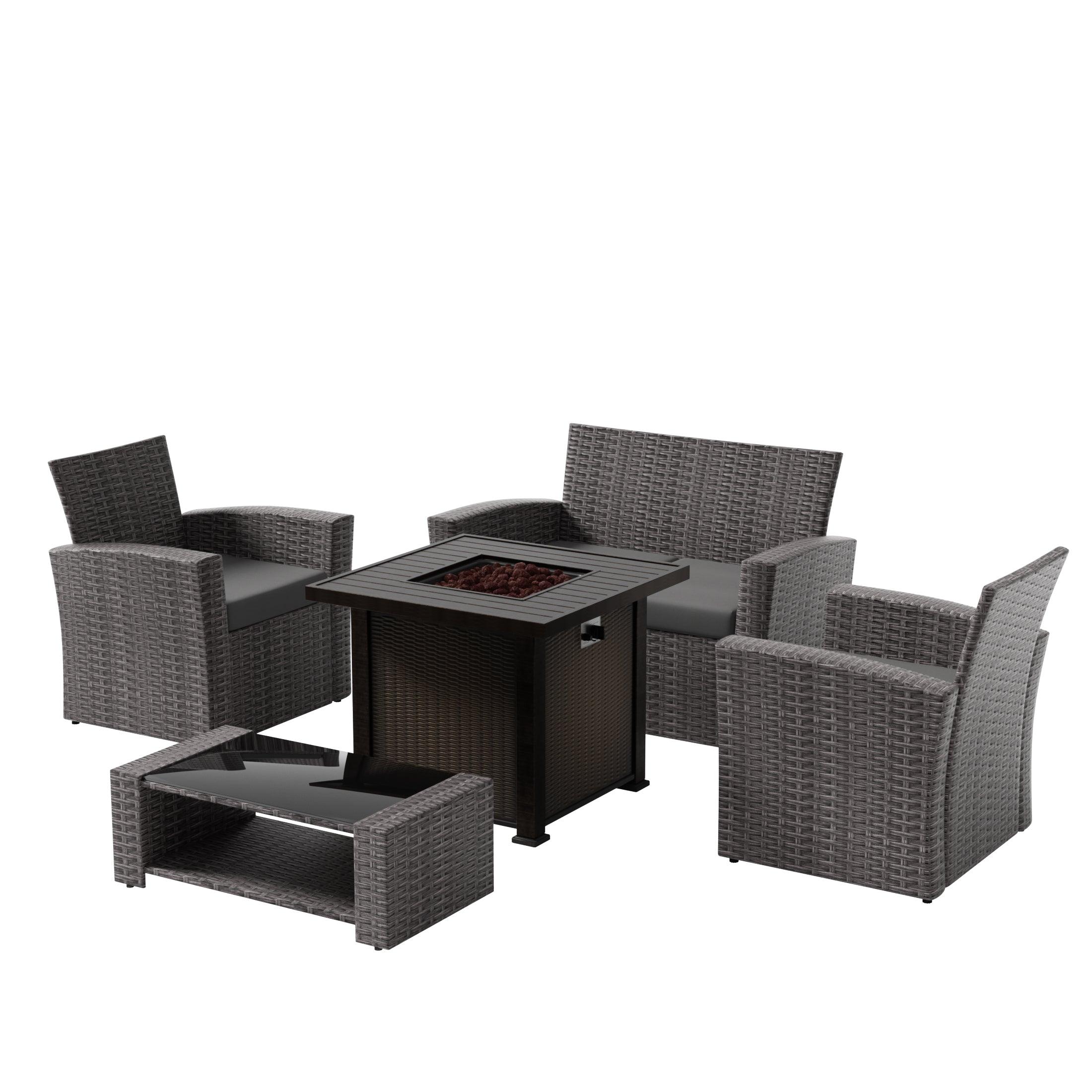 Wynston 4-Piece Conversation Outdoor Patio Sofa Set with Square Fire Pit Table Grey - Costaelm