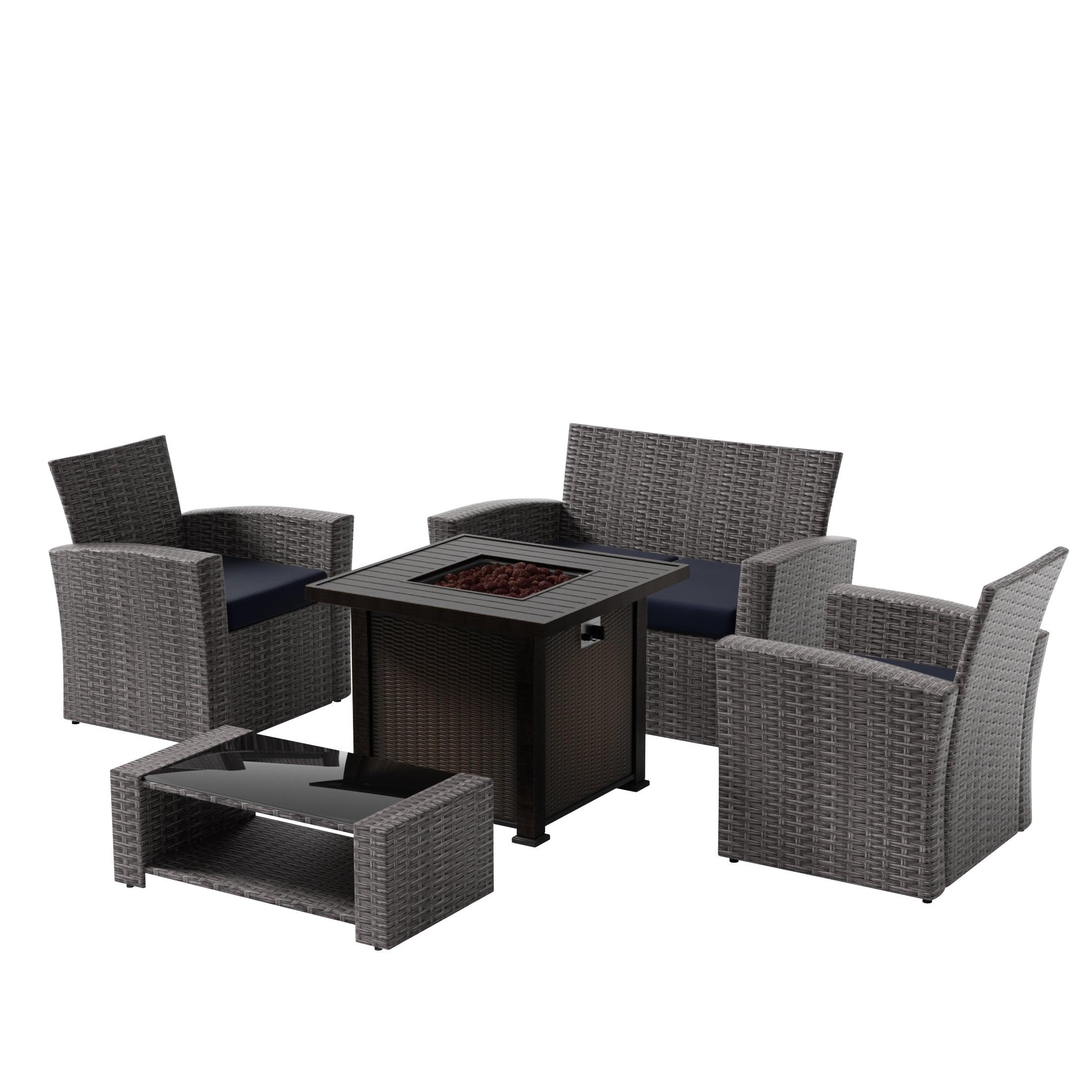 Wynston 4-Piece Conversation Outdoor Patio Sofa Set with Square Fire Pit Table Grey - Costaelm