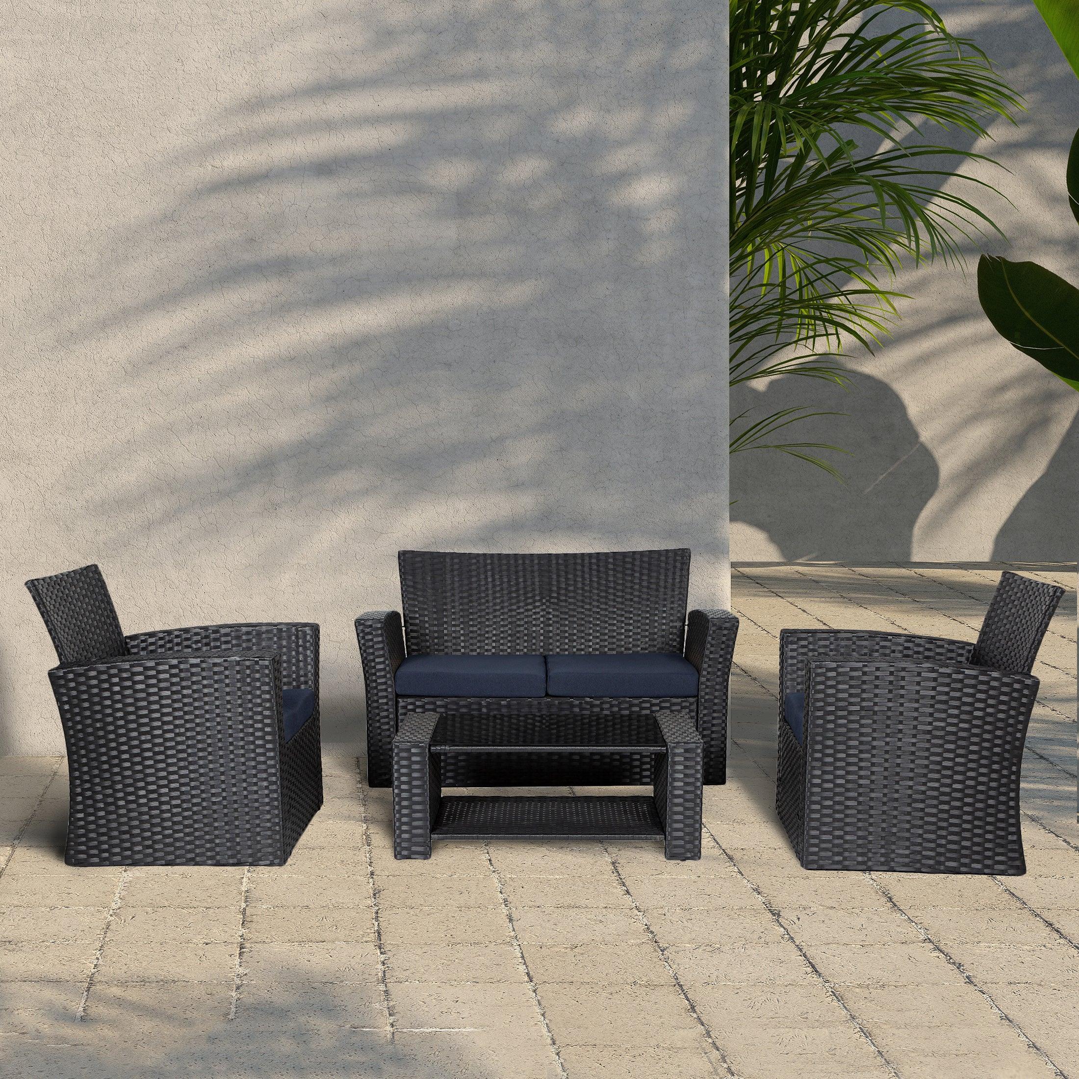 Wynston 4-Piece Outdoor Patio Conversation Set Black PE Rattan Wicker - Costaelm