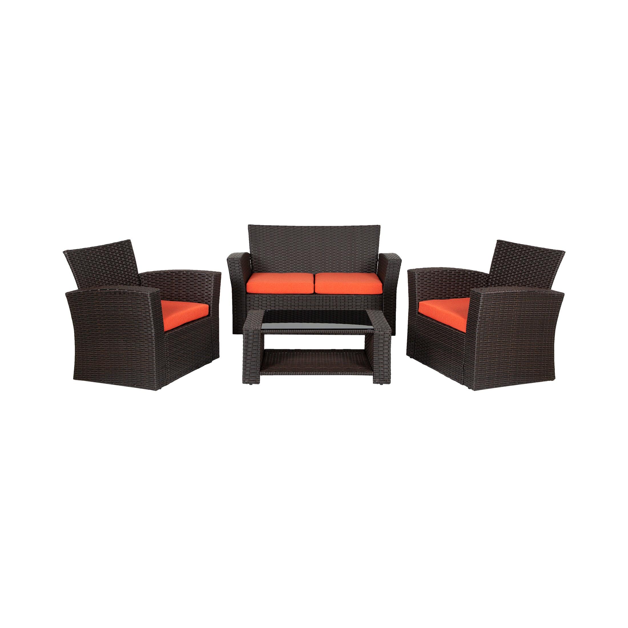 WYNSTON 4-Piece Outdoor Patio Conversation Set with Cushions, Chocolate/Orange