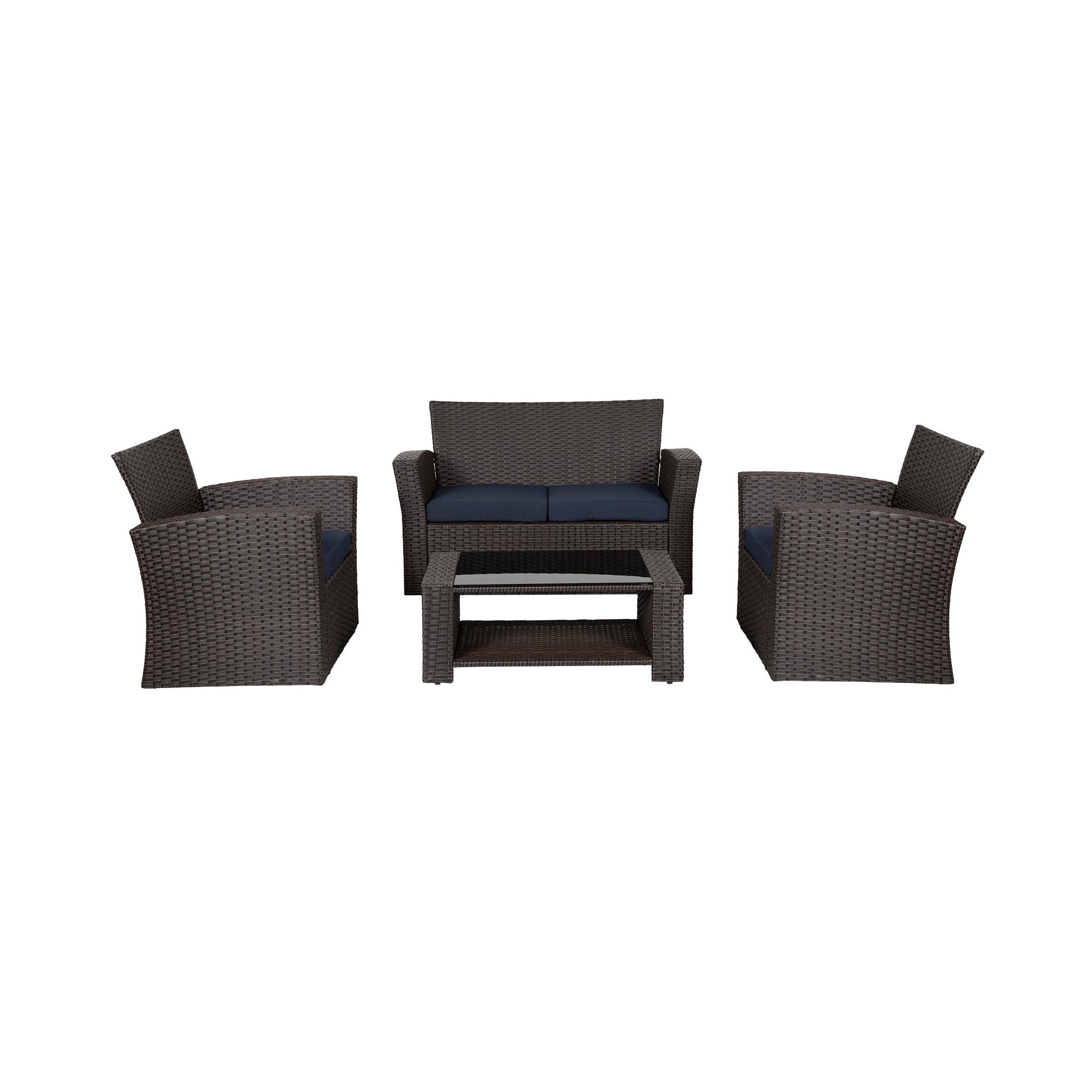 WYNSTON 4-Piece Outdoor Patio Conversation Set with Cushions, Chocolate/Navy Blue