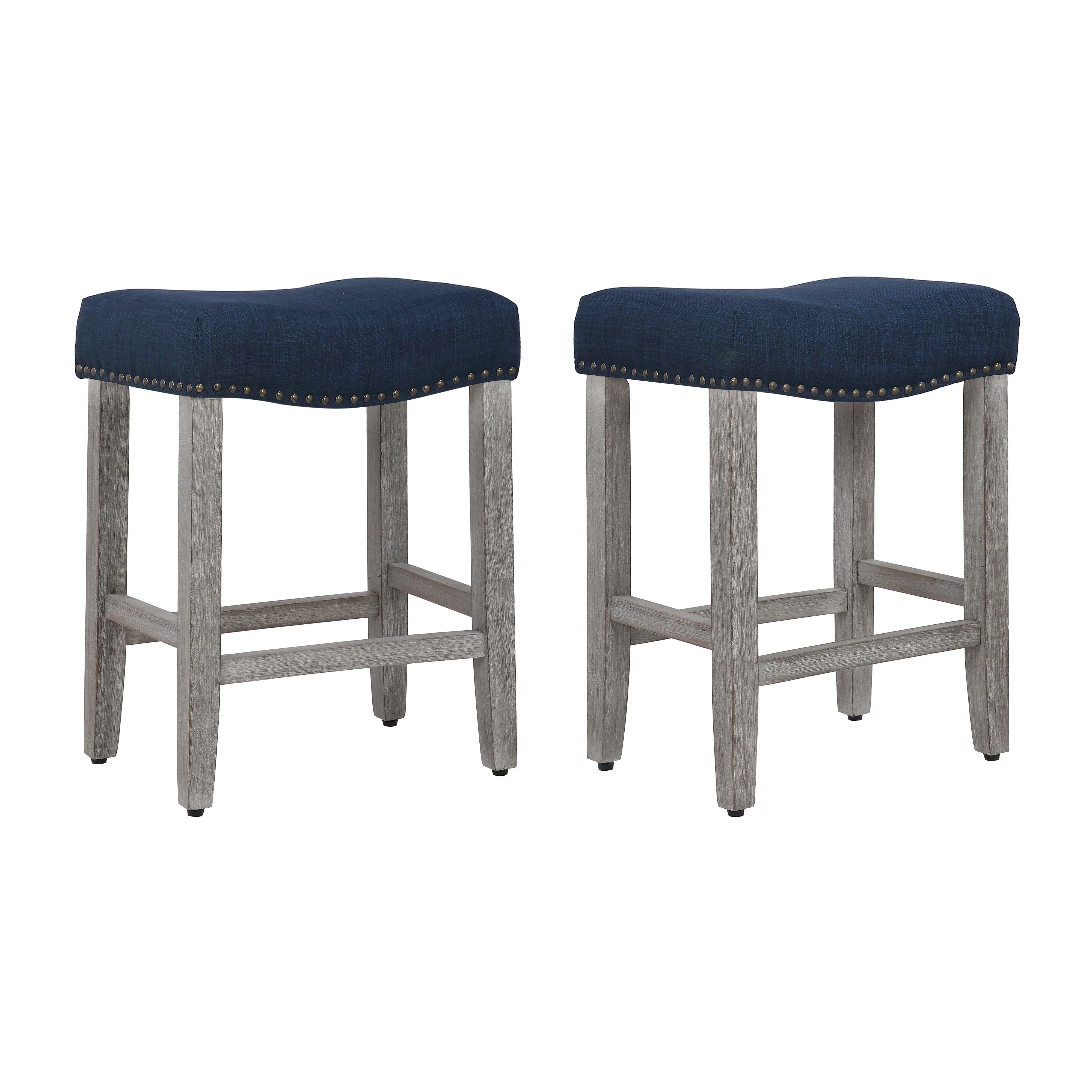 Lindsey 24" Upholstered Saddle Seat Bar Stool (Set of 2), Antique Gray/Navy Blue