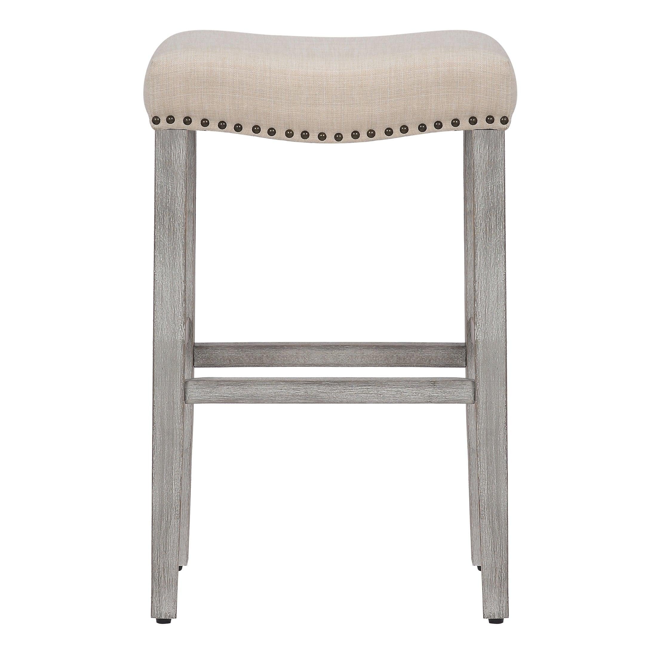 Lindsey 29" Upholstered Saddle Seat Bar Stool (Set of 2), Antique Gray/Beige