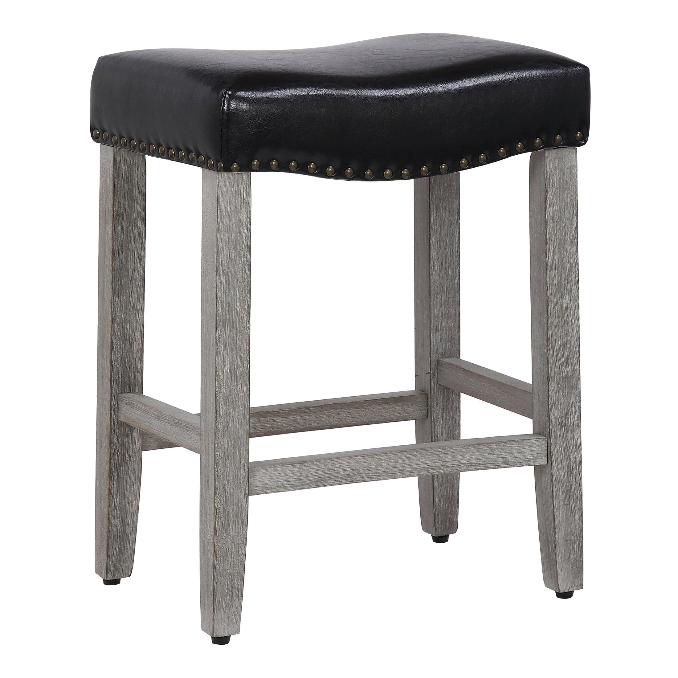 Lindsey 24" Upholstered Saddle Seat Bar Stool (Set of 2), Antique Gray/Leather