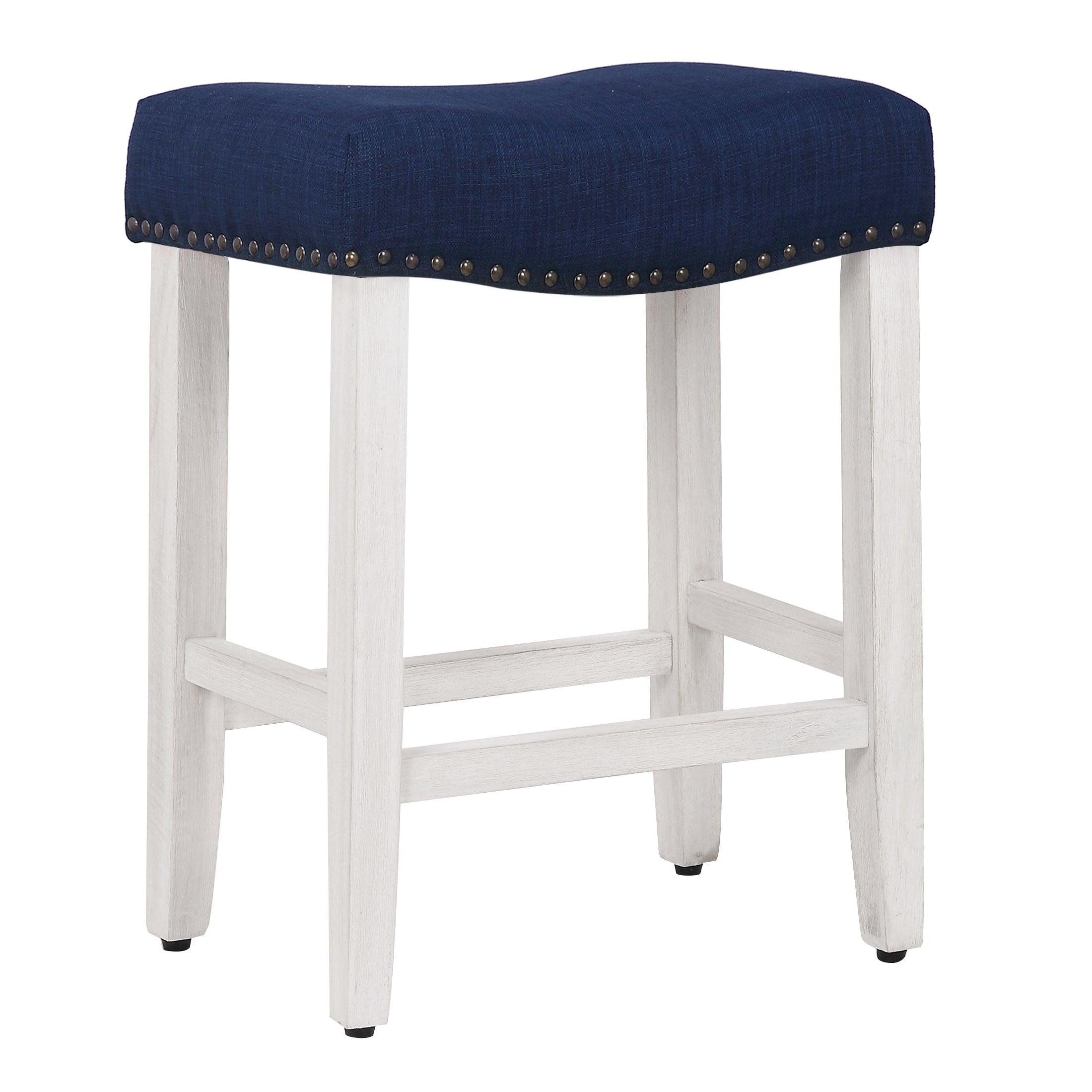 Costaelm 24" Inch Upholstered Saddle Seat Bar Stool (Set of 2), Antique White/Navy Blue